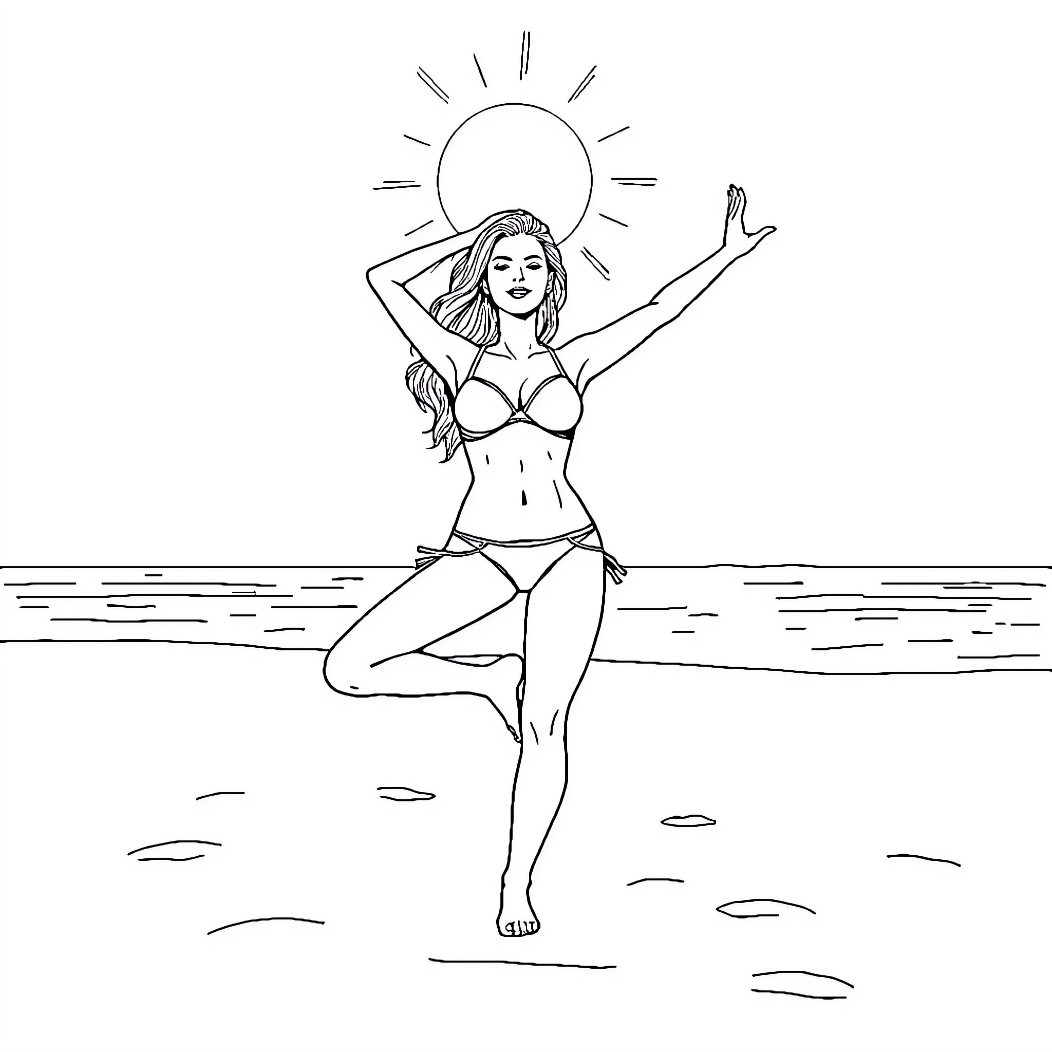 Woman enjoying the sun and surf in a bikini Coloring Page (free black-and-white line drawing printable PDF for all, from beginners to advanced learners, including children, teens, adults, and seniors)