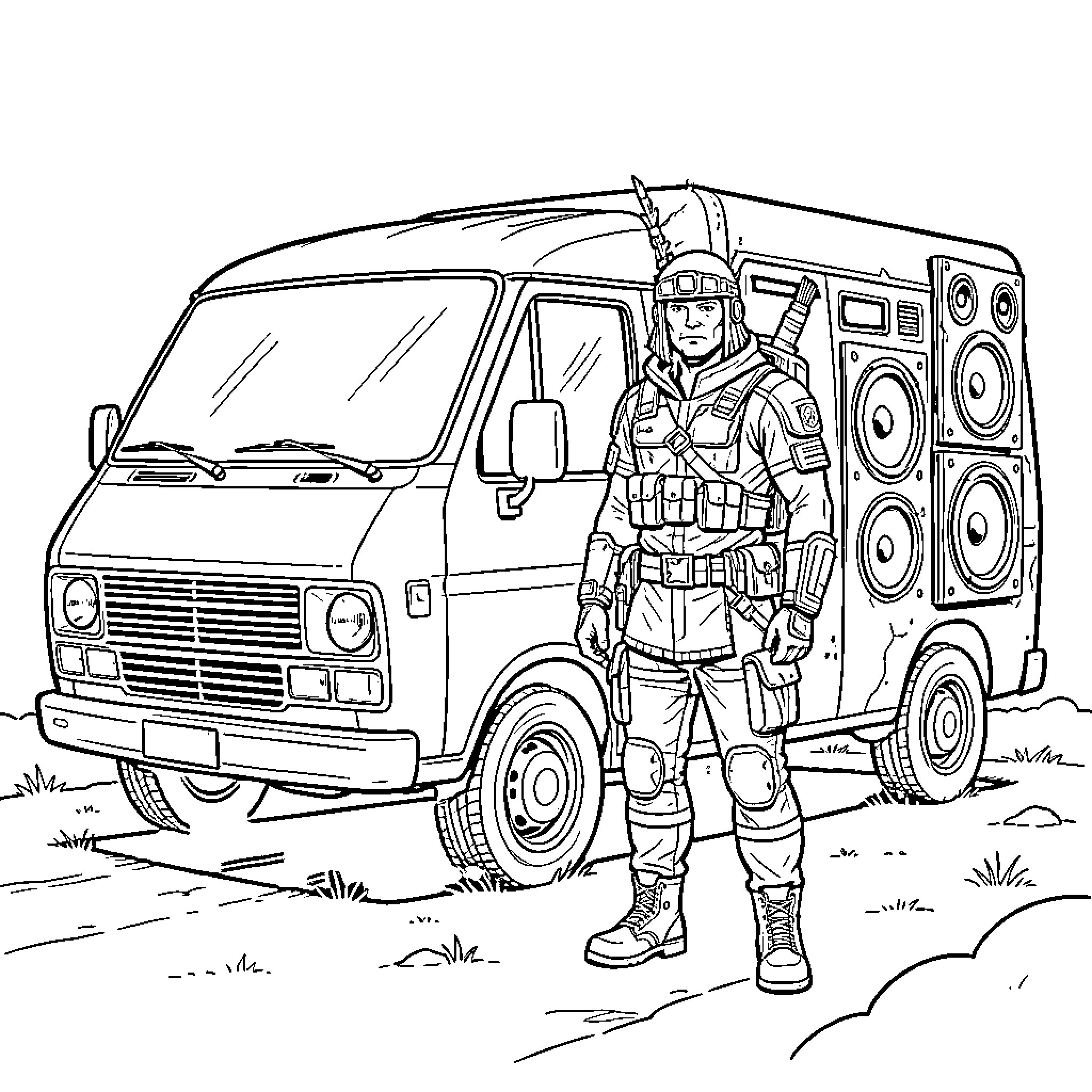 Raider Fi standing confidently next to a large van Coloring Page (free black-and-white line drawing printable PDF for all, from beginners to advanced learners, including children, teens, adults, and seniors)