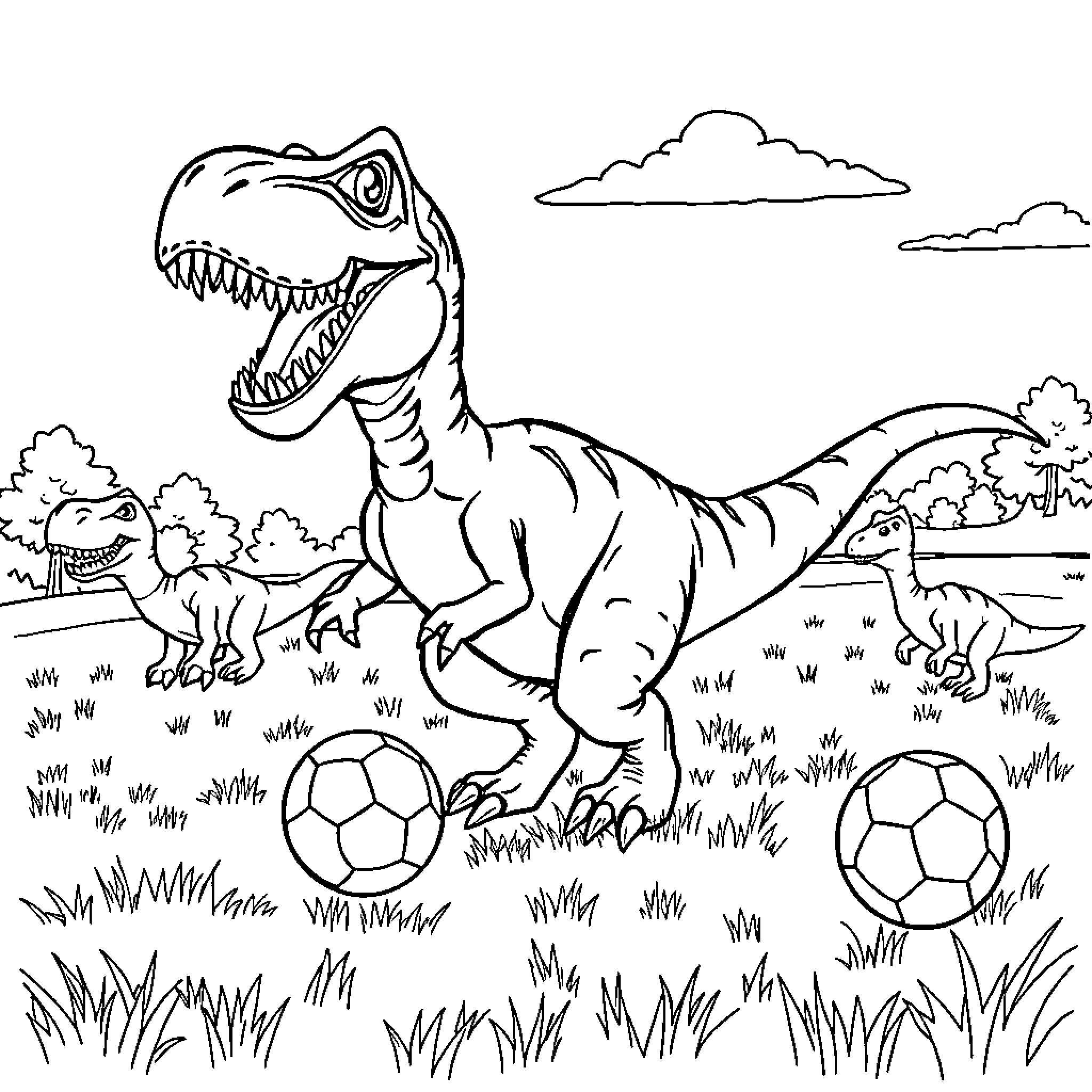 T-Rex Playing with Soccer Balls on Grassy Field Coloring Page (free black-and-white line drawing printable PDF for all, from beginners to advanced learners, including children, teens, adults, and seniors)