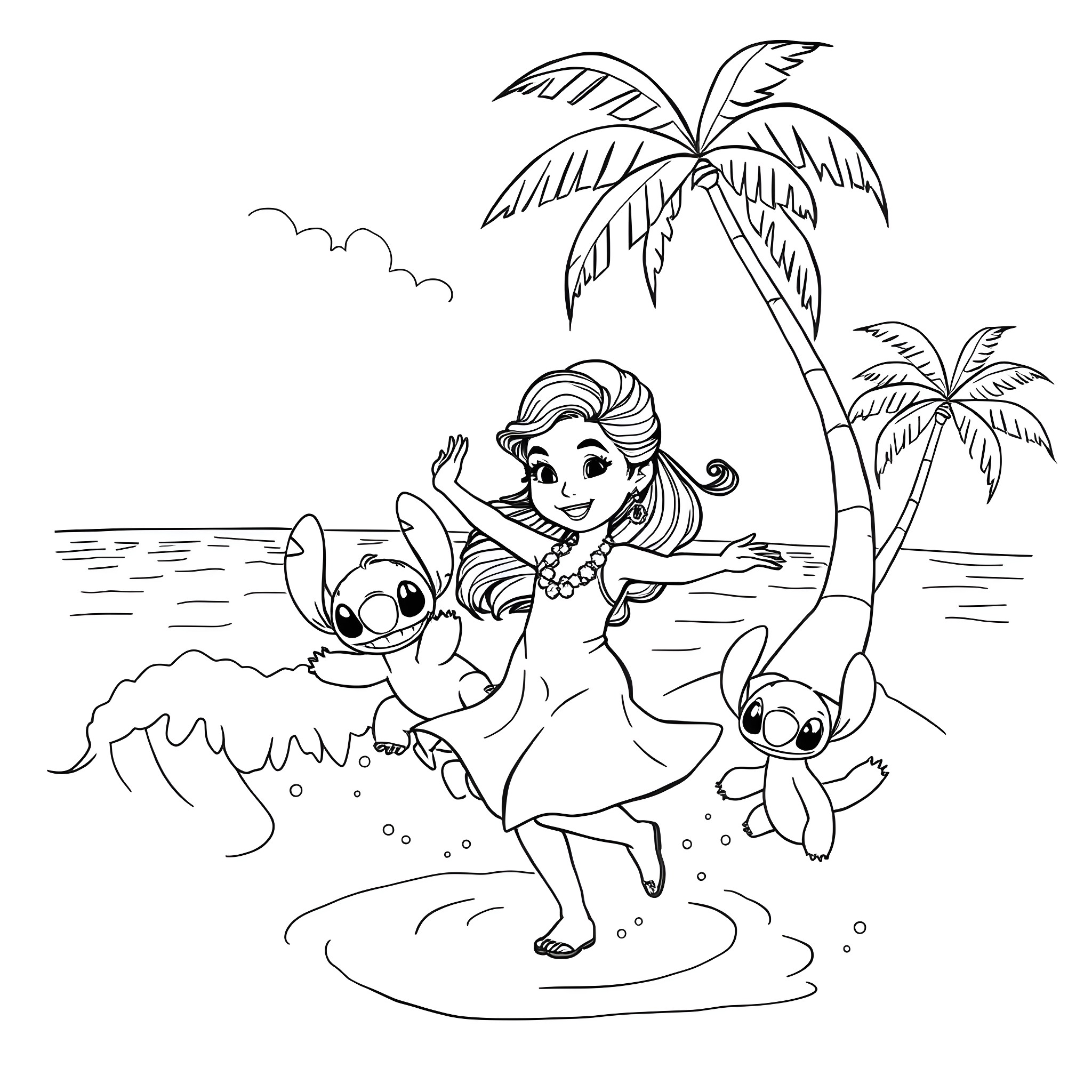 Lilo playing happily with Stitch on the beach Coloring Page (free black-and-white line drawing printable PDF for all, from beginners to advanced learners, including children, teens, adults, and seniors)