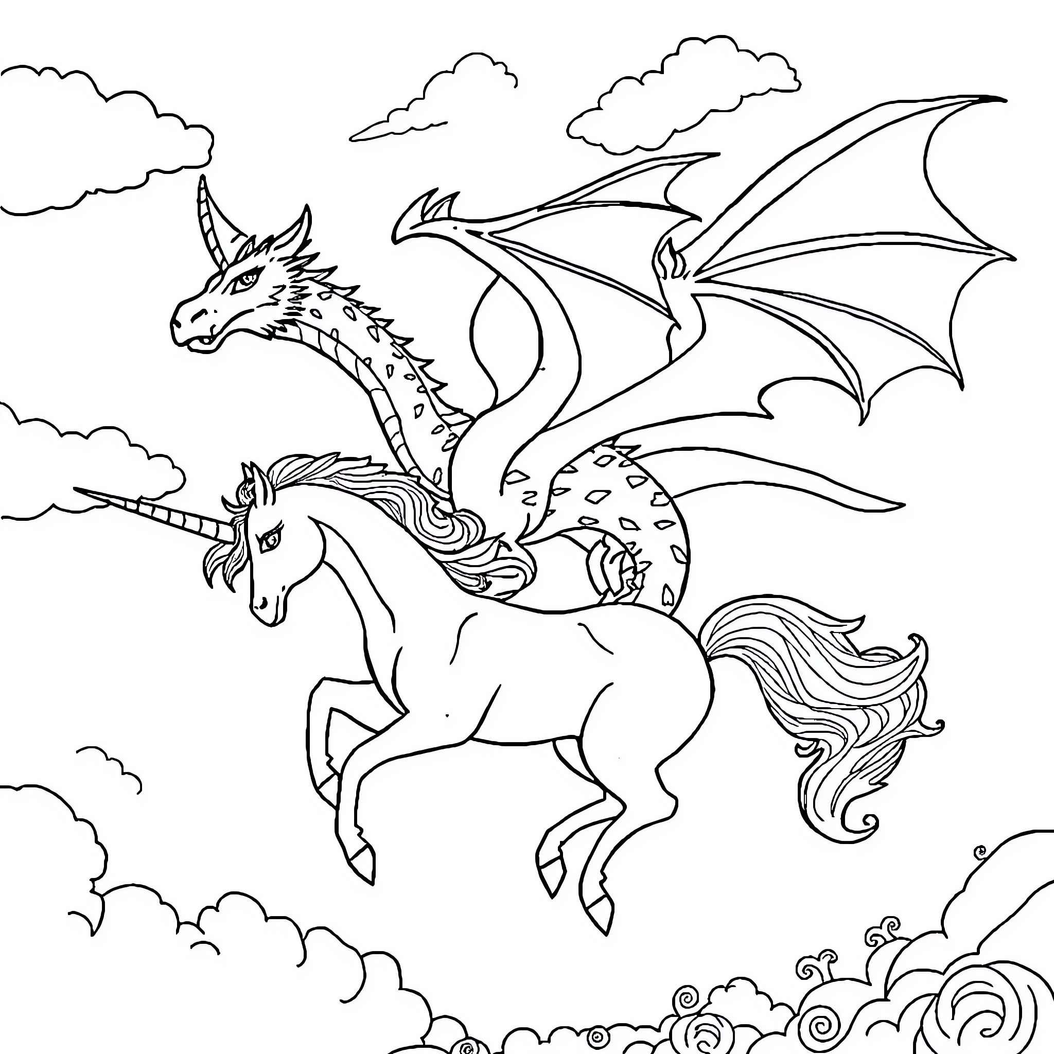 Dragon riding a unicorn through cloudy skies Coloring Page (free black-and-white line drawing printable PDF for all, from beginners to advanced learners, including children, teens, adults, and seniors)