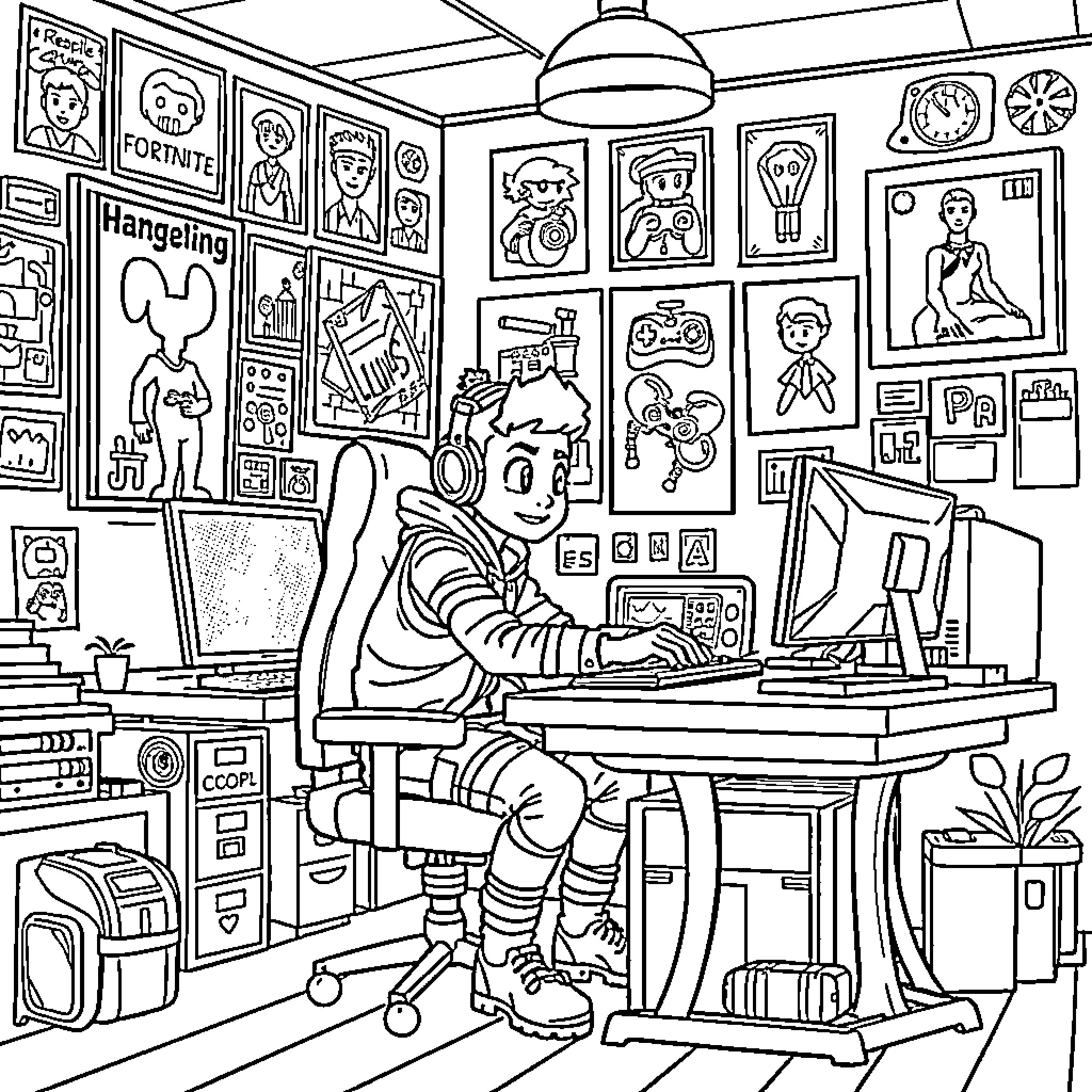 Pesky Gamer's Eccentric Gaming Station Coloring Page (free black-and-white line drawing printable PDF for all, from beginners to advanced learners, including children, teens, adults, and seniors)
