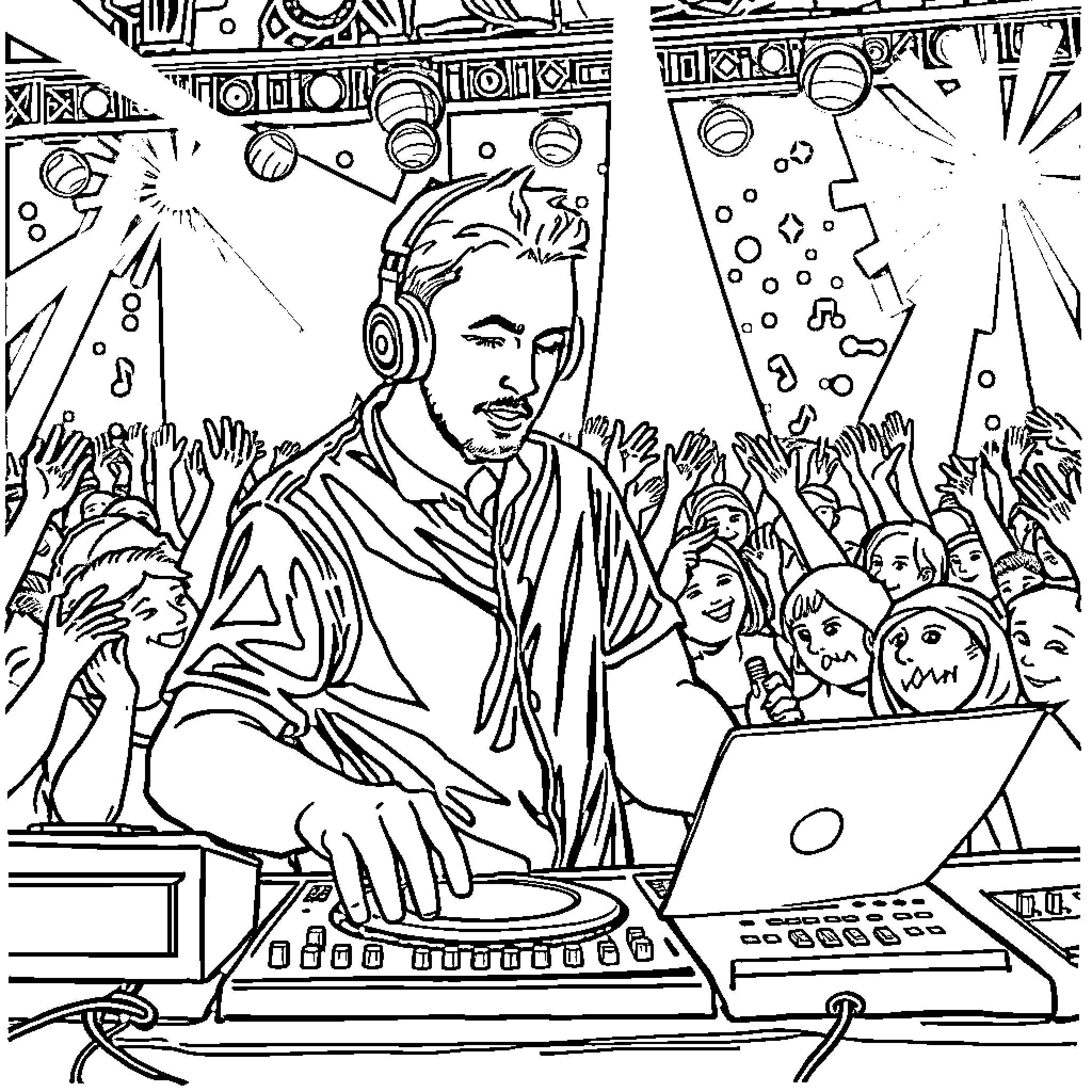 Music Teacher Performing for Enthusiastic Crowd Coloring Page (free black-and-white line drawing printable PDF for all, from beginners to advanced learners, including children, teens, adults, and seniors)