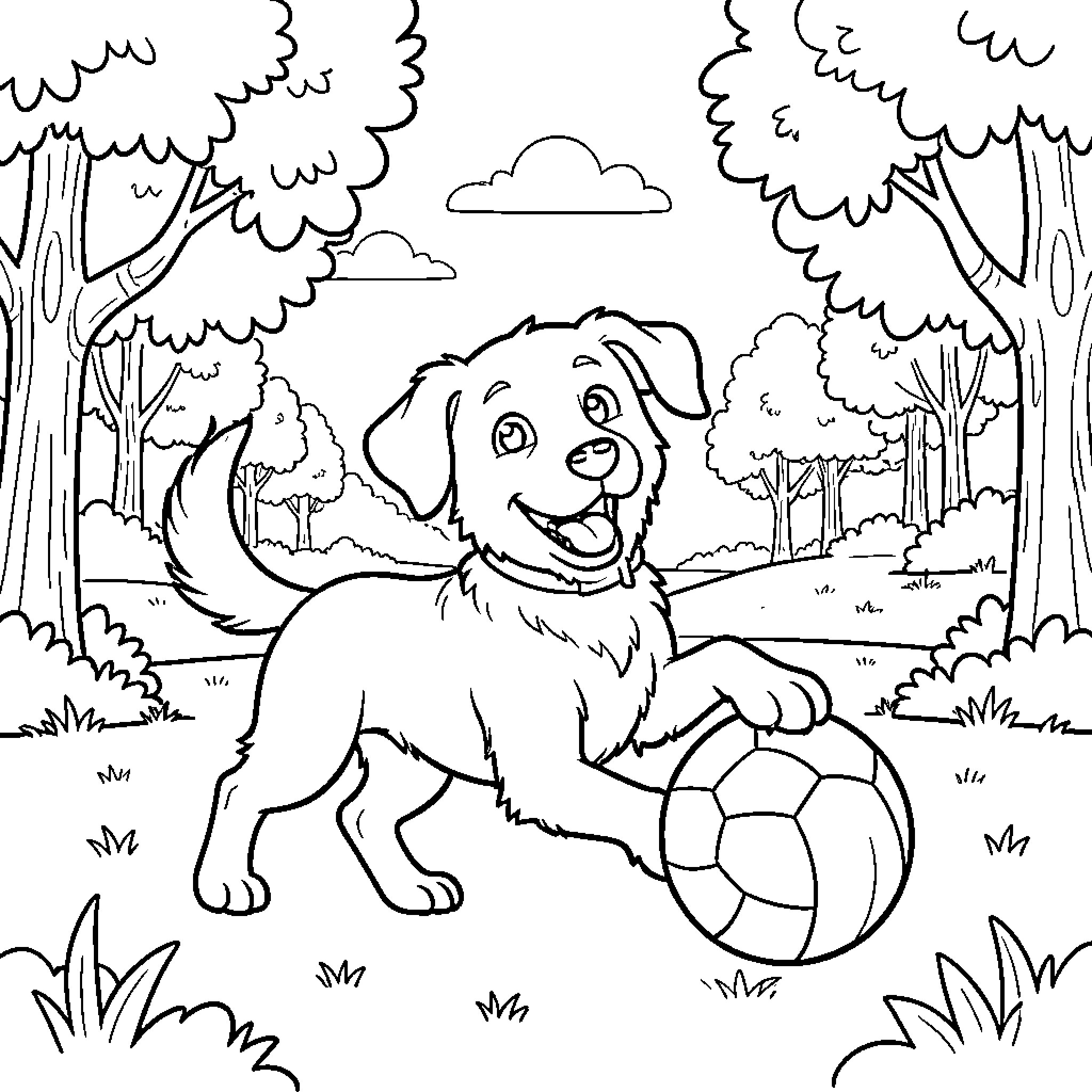 Dog playing with ball in forest Coloring Page (free black-and-white line drawing printable PDF for all, from beginners to advanced learners, including children, teens, adults, and seniors)