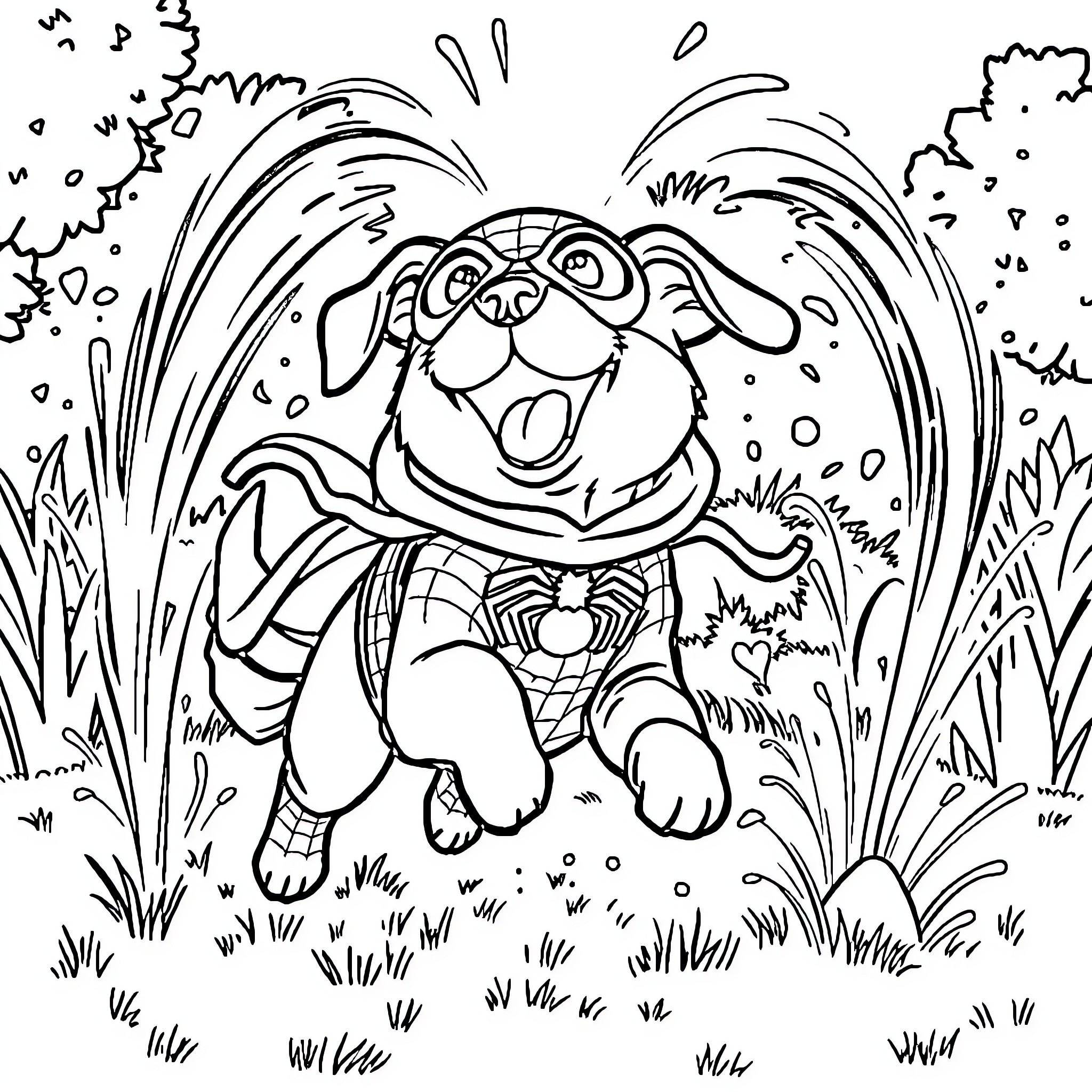 Spider-Man Puppy Frolicking in the Grass Coloring Page (free black-and-white line drawing printable PDF for all, from beginners to advanced learners, including children, teens, adults, and seniors)