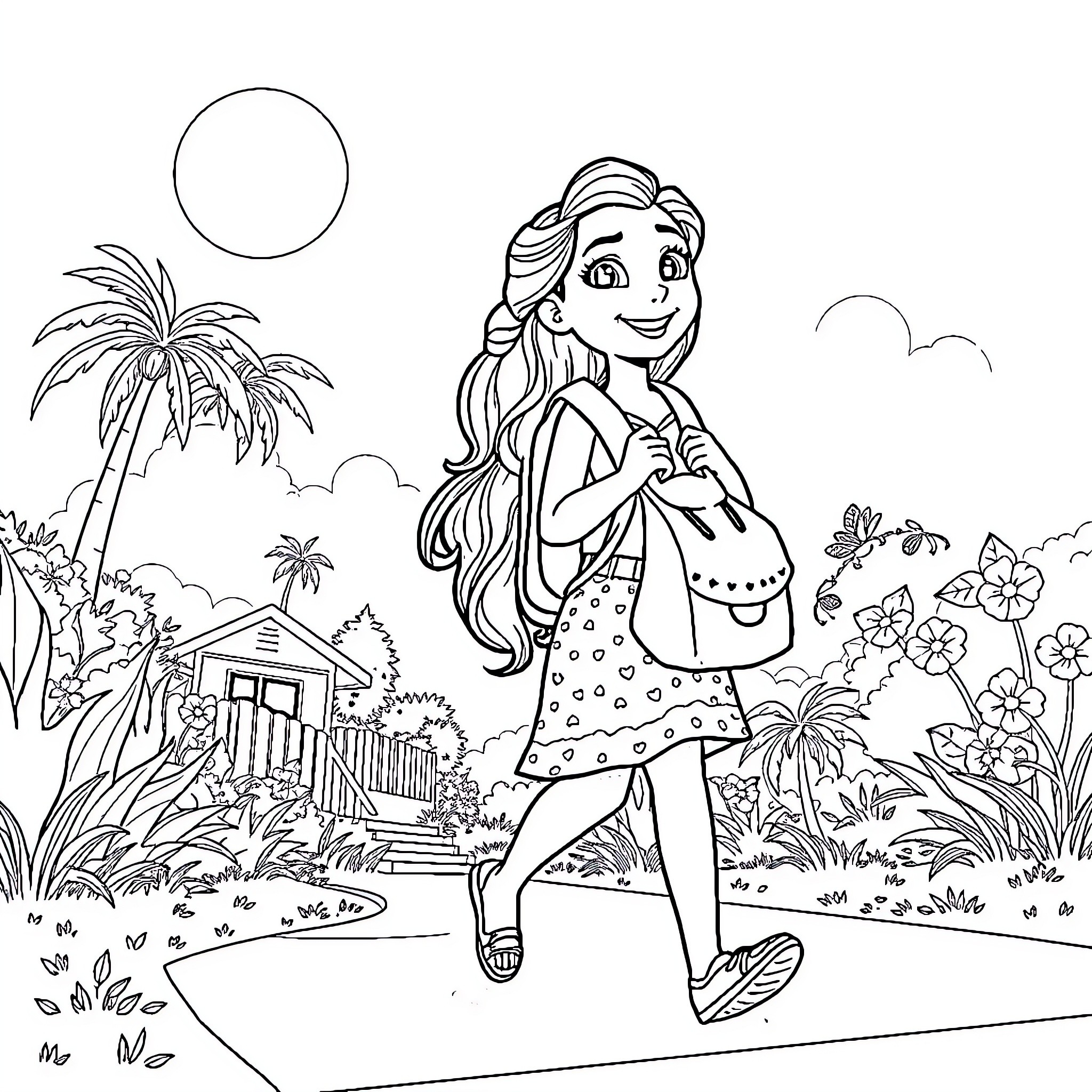 Vaiana exploring the tropical landscape Coloring Page (free black-and-white line drawing printable PDF for all, from beginners to advanced learners, including children, teens, adults, and seniors)