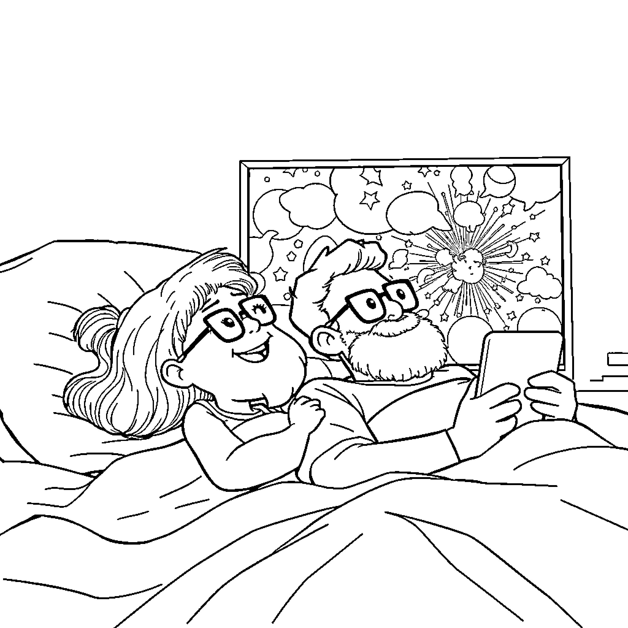 Girl daydreaming in her bedroom Coloring Page (free black-and-white line drawing printable PDF for all, from beginners to advanced learners, including children, teens, adults, and seniors)