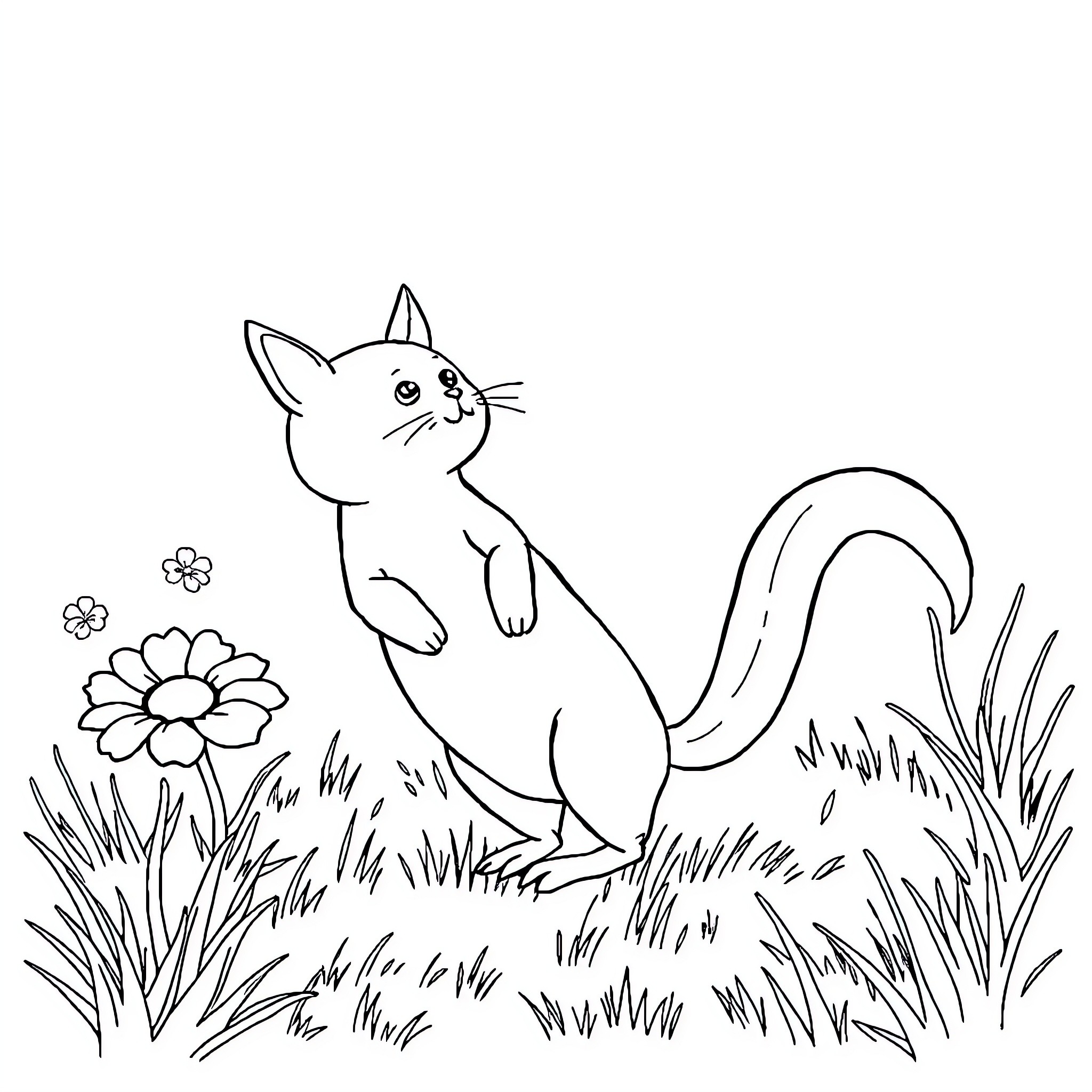 Carotte the curious cat in the garden Coloring Page (free black-and-white line drawing printable PDF for all, from beginners to advanced learners, including children, teens, adults, and seniors)