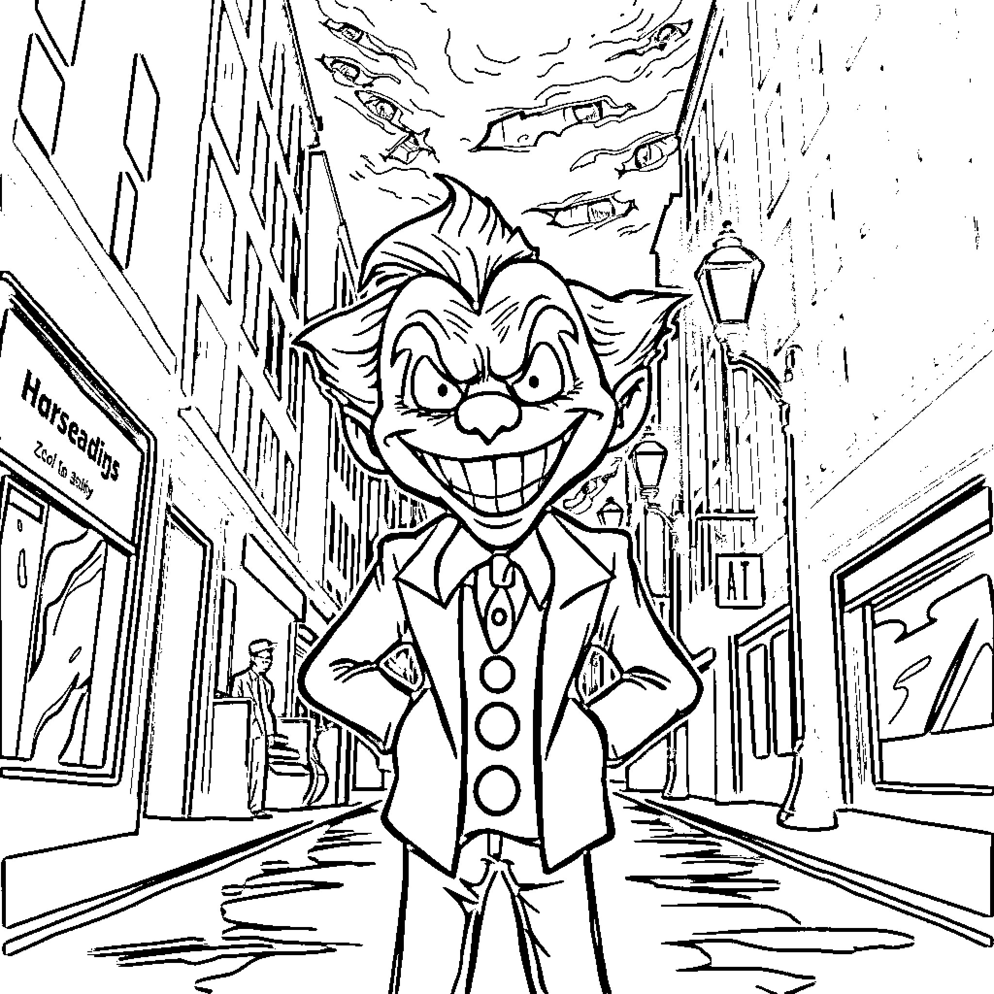 Joker's Mischievous Antics in the City Coloring Page (free black-and-white line drawing printable PDF for all, from beginners to advanced learners, including children, teens, adults, and seniors)