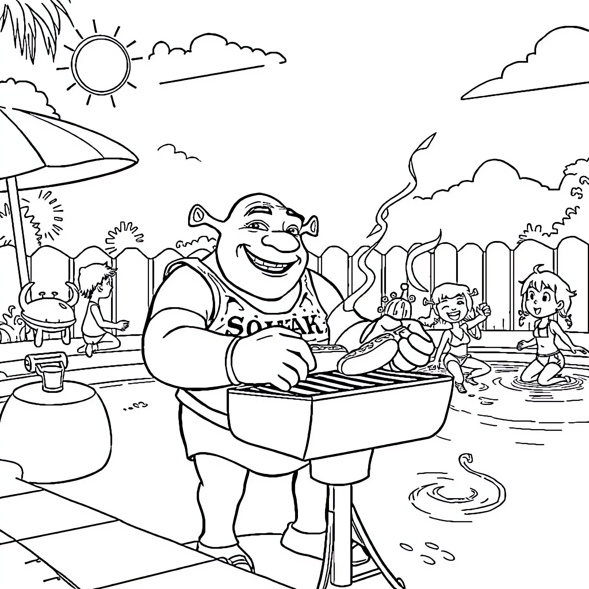 Shrek grilling sausages with friends at the beach Coloring Page (free black-and-white line drawing printable PDF for all, from beginners to advanced learners, including children, teens, adults, and seniors)