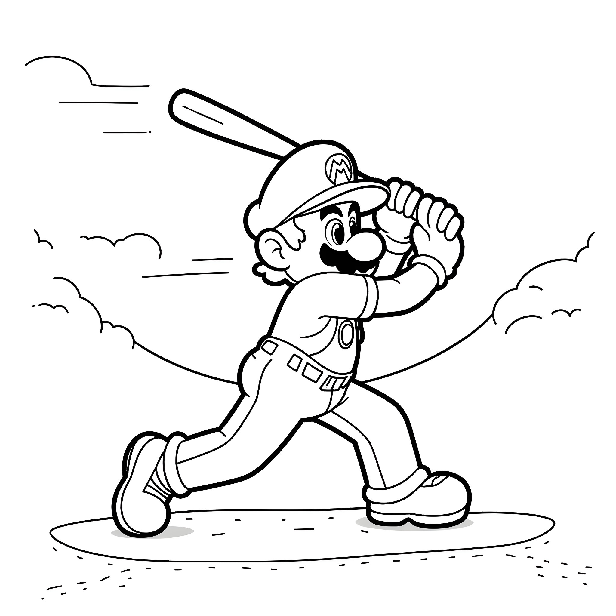 Super Mario Playing Baseball with Enthusiasm Coloring Page (free black-and-white line drawing printable PDF for all, from beginners to advanced learners, including children, teens, adults, and seniors)