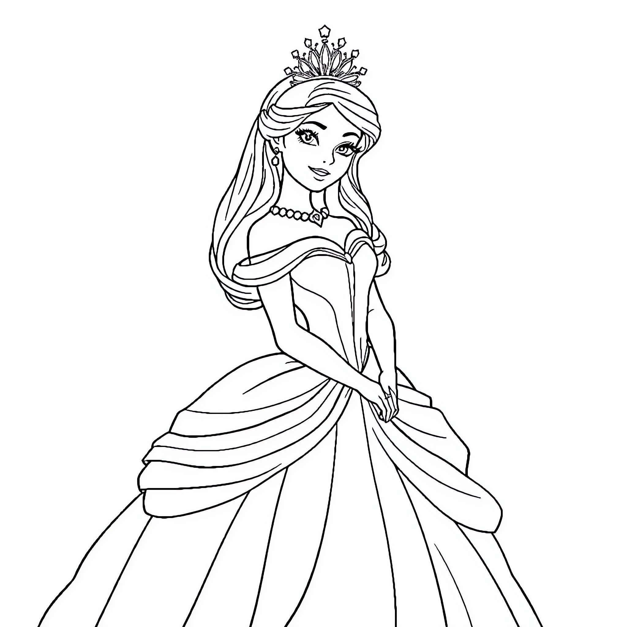 Princess in Elegant Gown and Crown Coloring Page (free black-and-white line drawing printable PDF for all, from beginners to advanced learners, including children, teens, adults, and seniors)