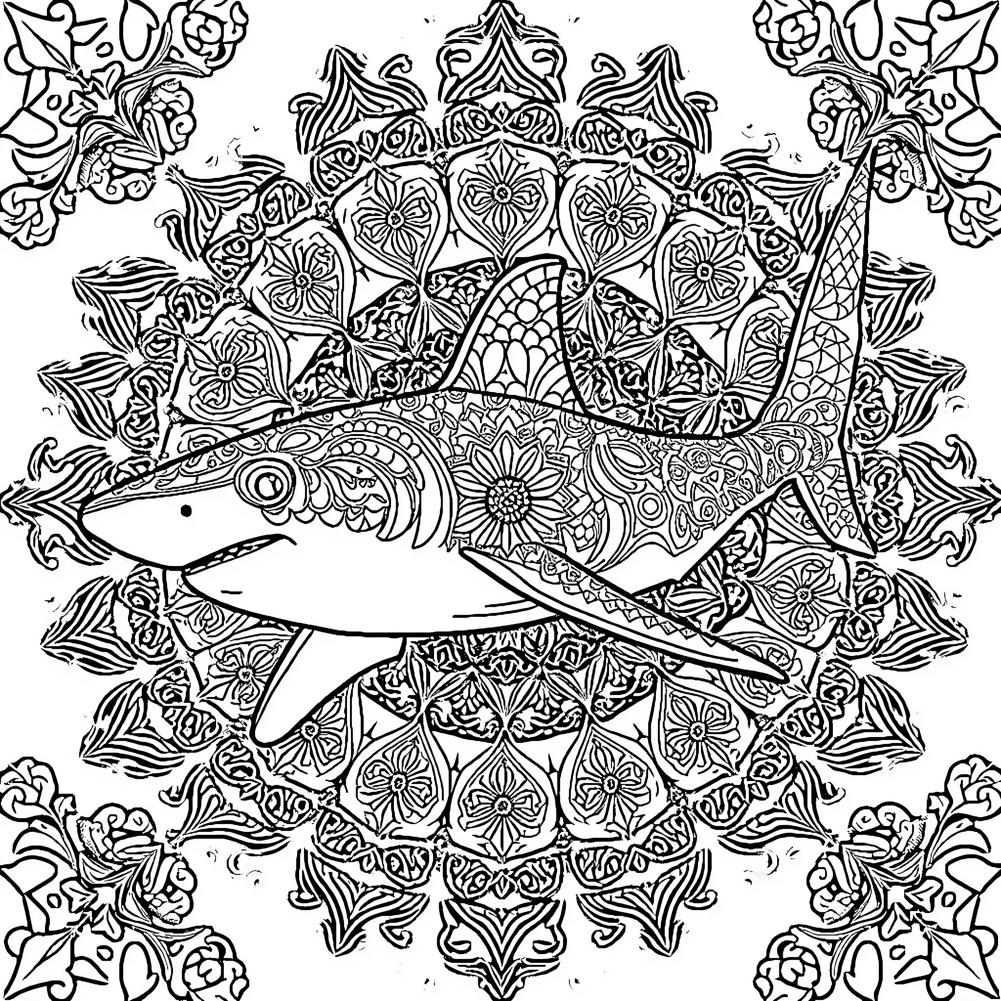 Hammerhead Shark swimming amidst intricate floral pattern Coloring Page (free black-and-white line drawing printable PDF for all, from beginners to advanced learners, including children, teens, adults, and seniors)