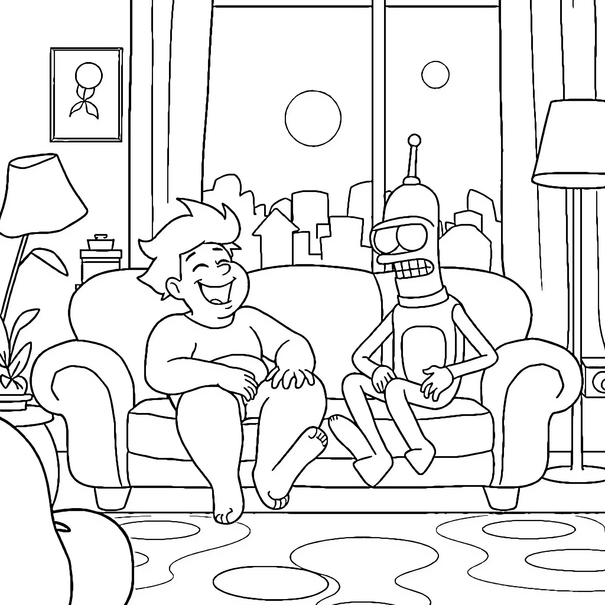 Steven Universe characters relaxing in the living room Coloring Page (free black-and-white line drawing printable PDF for all, from beginners to advanced learners, including children, teens, adults, and seniors)