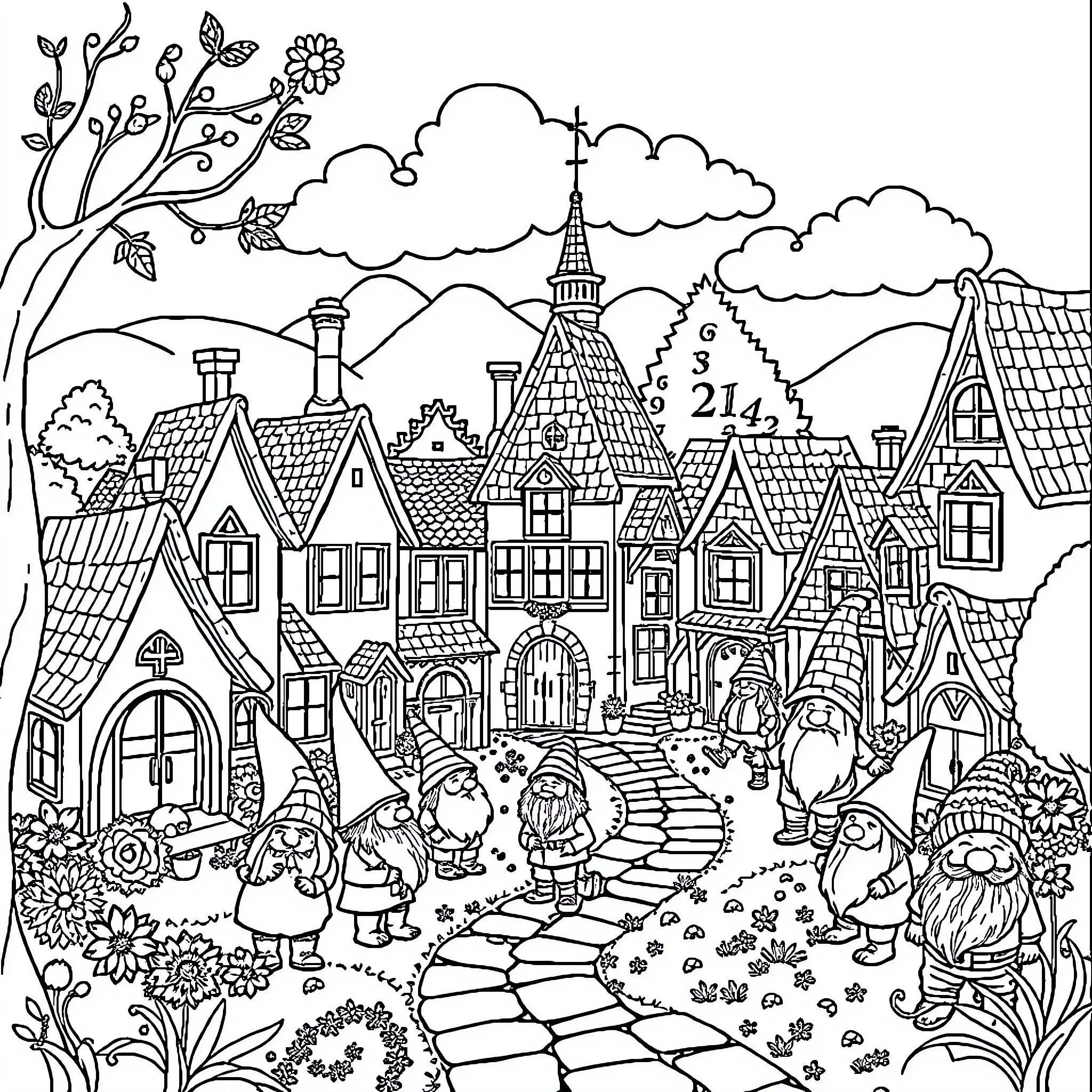 Gnome village with whimsical characters and buildings Coloring Page (free black-and-white line drawing printable PDF for all, from beginners to advanced learners, including children, teens, adults, and seniors)
