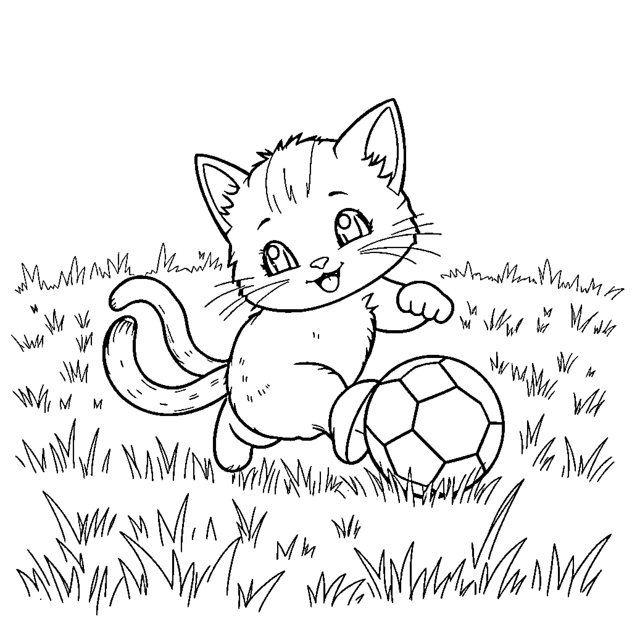 Kitty playing with soccer ball in the yard Coloring Page (free black-and-white line drawing printable PDF for all, from beginners to advanced learners, including children, teens, adults, and seniors)