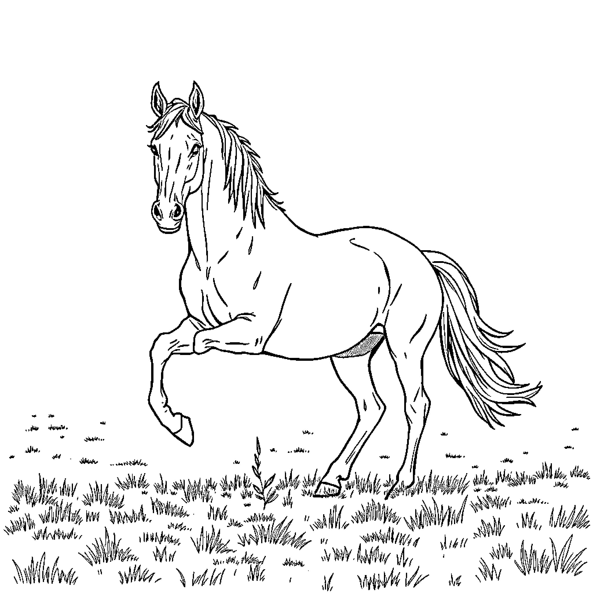 Pferd standing gracefully in a grassy field Coloring Page (free black-and-white line drawing printable PDF for all, from beginners to advanced learners, including children, teens, adults, and seniors)