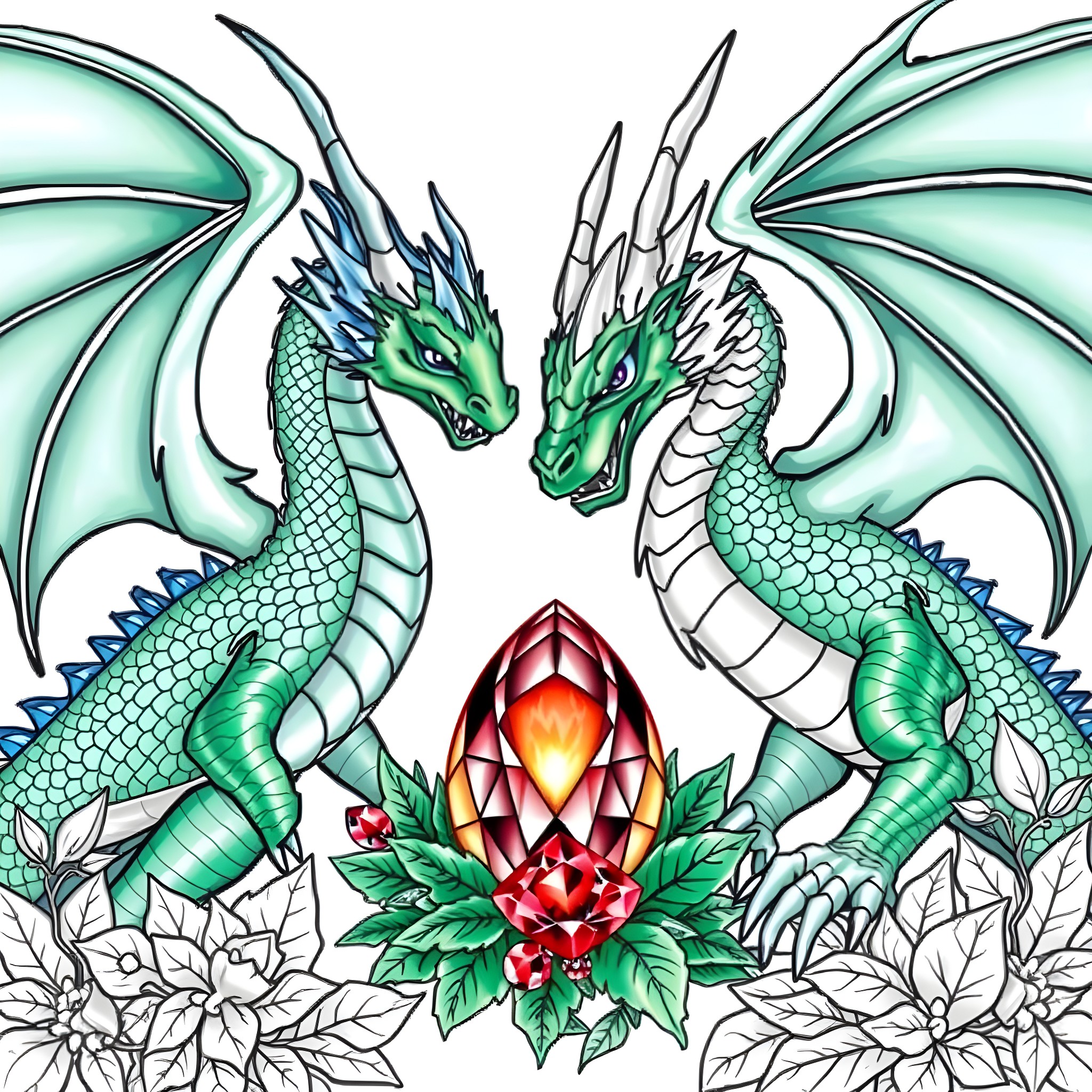 Dragon Guardians Protecting a Mystical Gem Coloring Page (free black-and-white line drawing printable PDF for all, from beginners to advanced learners, including children, teens, adults, and seniors)