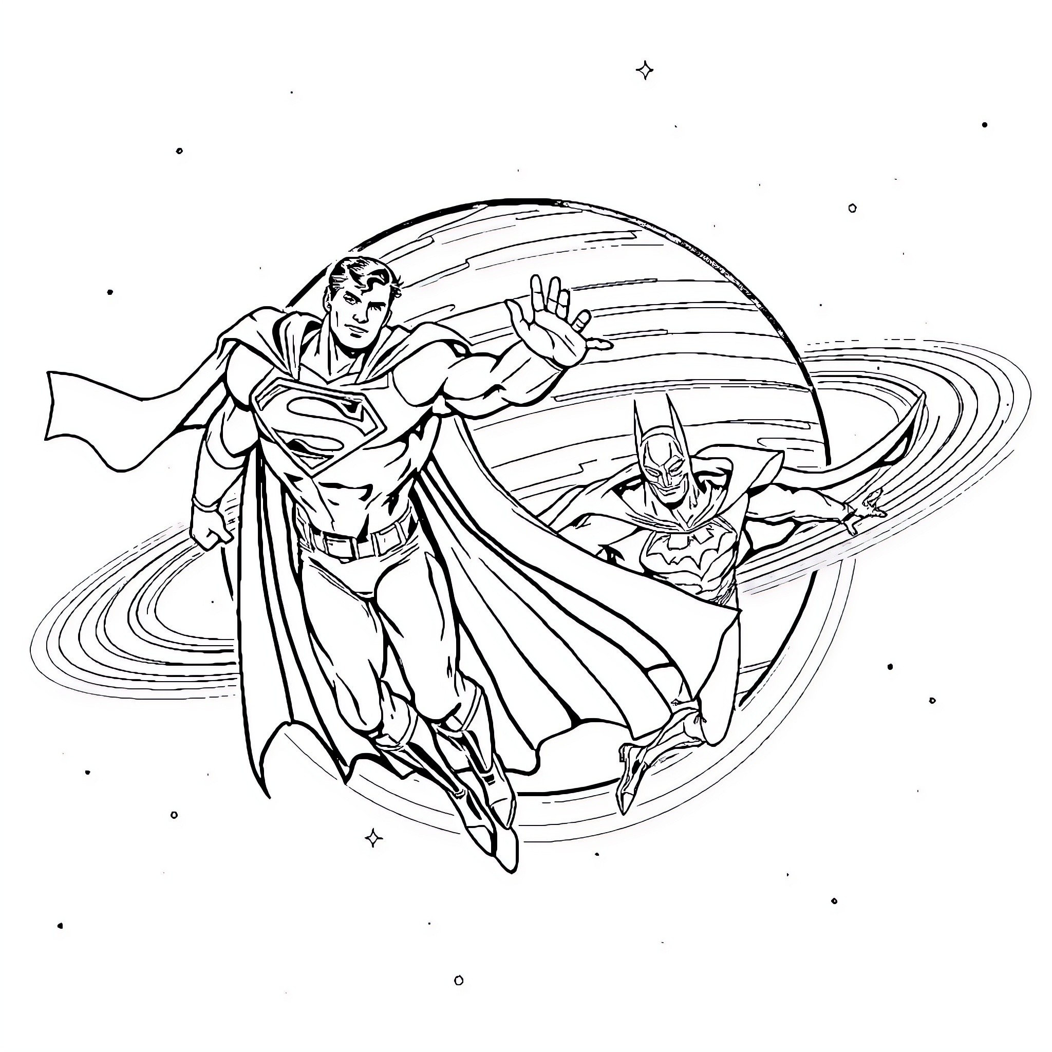 Superman and Batman in action-packed adventure Coloring Page (free black-and-white line drawing printable PDF for all, from beginners to advanced learners, including children, teens, adults, and seniors)