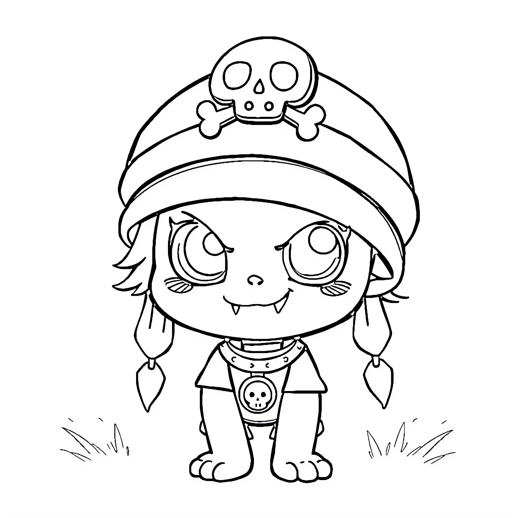 Kuromi as a playful pirate character Coloring Page (free black-and-white line drawing printable PDF for all, from beginners to advanced learners, including children, teens, adults, and seniors)