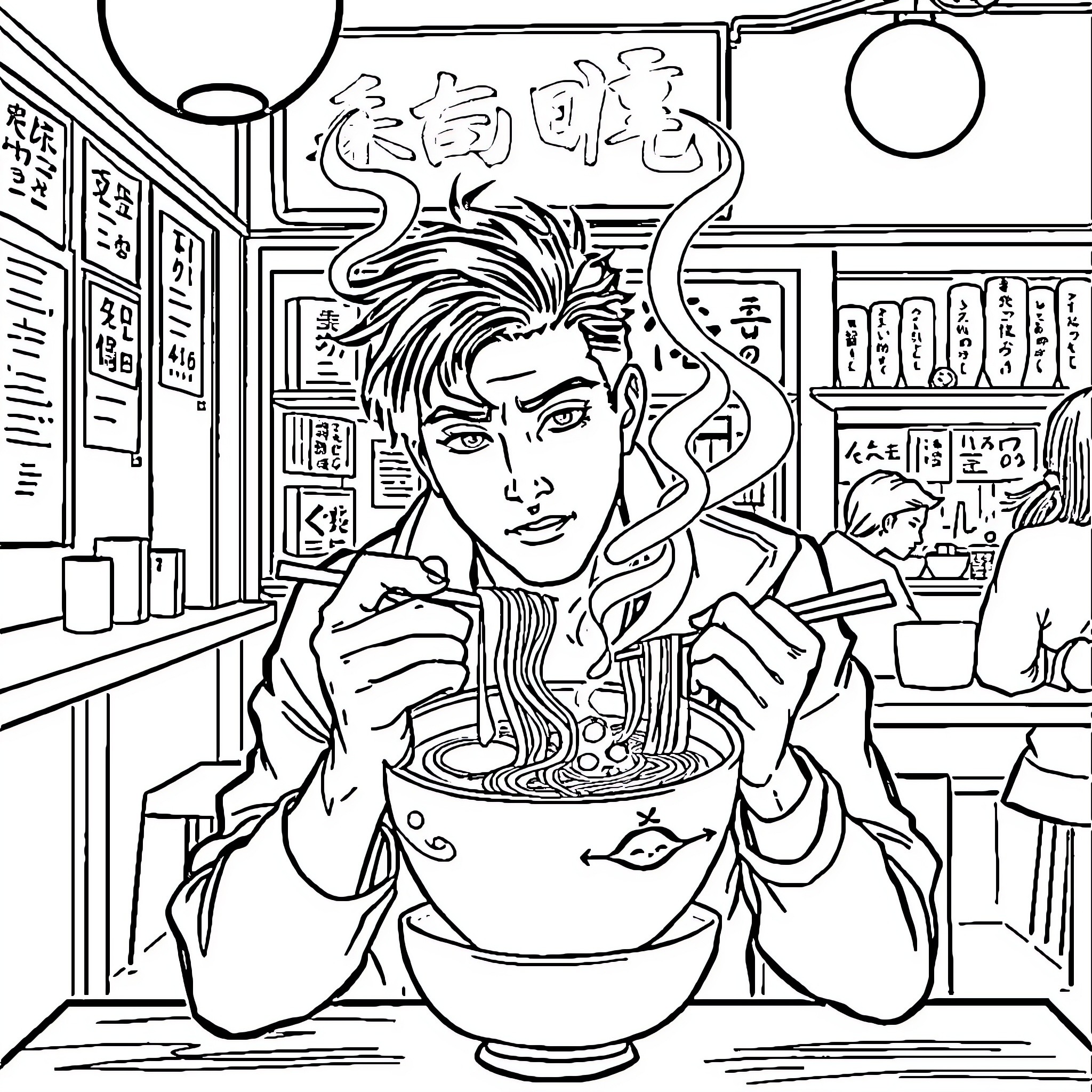 Sebastian Solace enjoying a meal in a lively restaurant Coloring Page (free black-and-white line drawing printable PDF for all, from beginners to advanced learners, including children, teens, adults, and seniors)