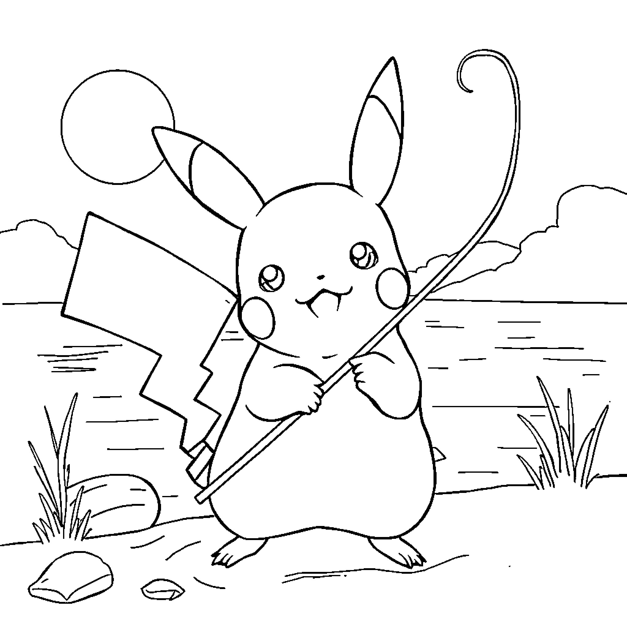 Pikachu exploring a scenic landscape Coloring Page (free black-and-white line drawing printable PDF for all, from beginners to advanced learners, including children, teens, adults, and seniors)
