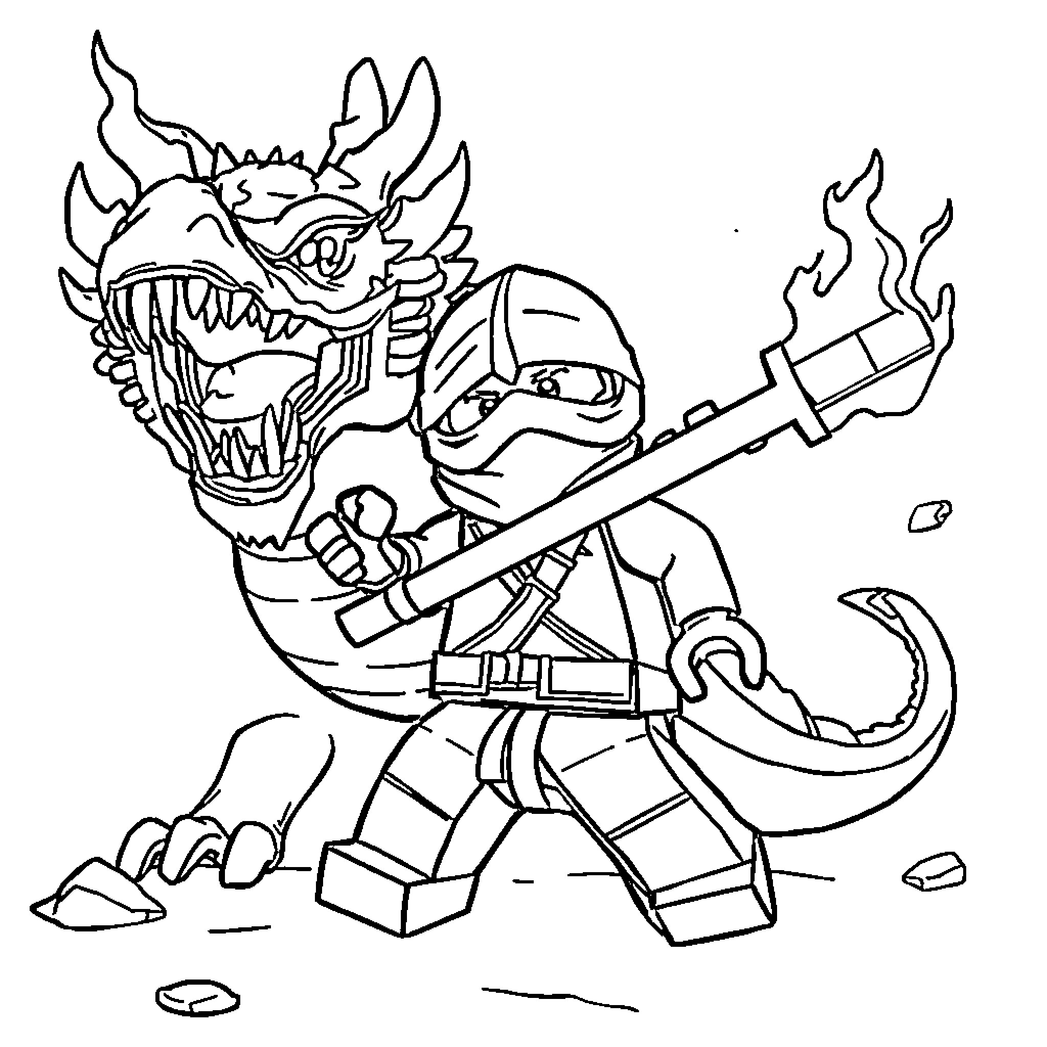 Ninja battles fierce dragon warrior Coloring Page (free black-and-white line drawing printable PDF for all, from beginners to advanced learners, including children, teens, adults, and seniors)