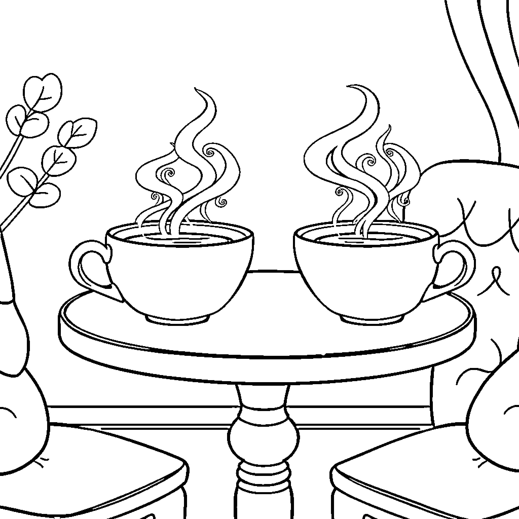 Tea time with warm beverages Coloring Page (free black-and-white line drawing printable PDF for all, from beginners to advanced learners, including children, teens, adults, and seniors)