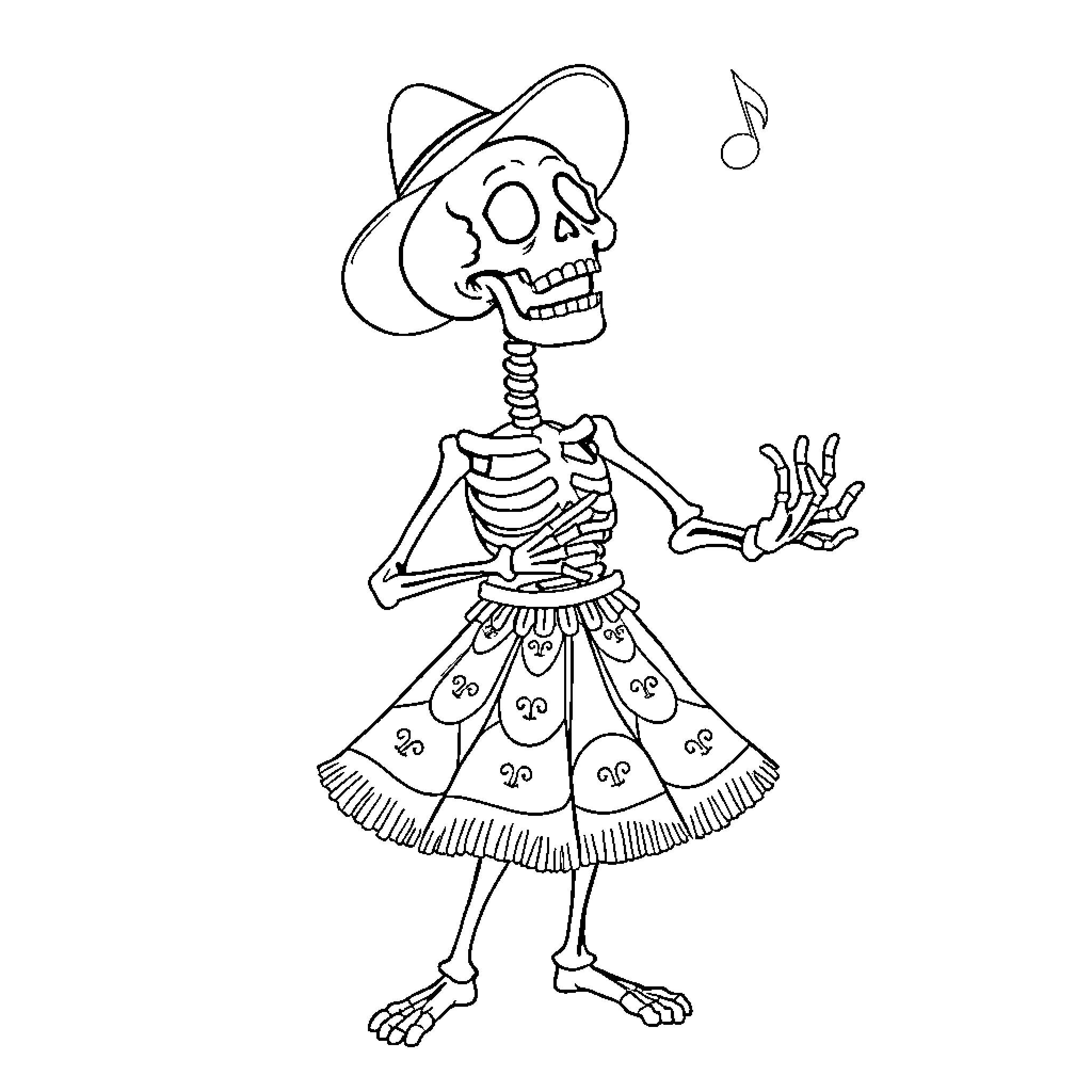 Skeleton dancing joyfully in costume Coloring Page (free black-and-white line drawing printable PDF for all, from beginners to advanced learners, including children, teens, adults, and seniors)