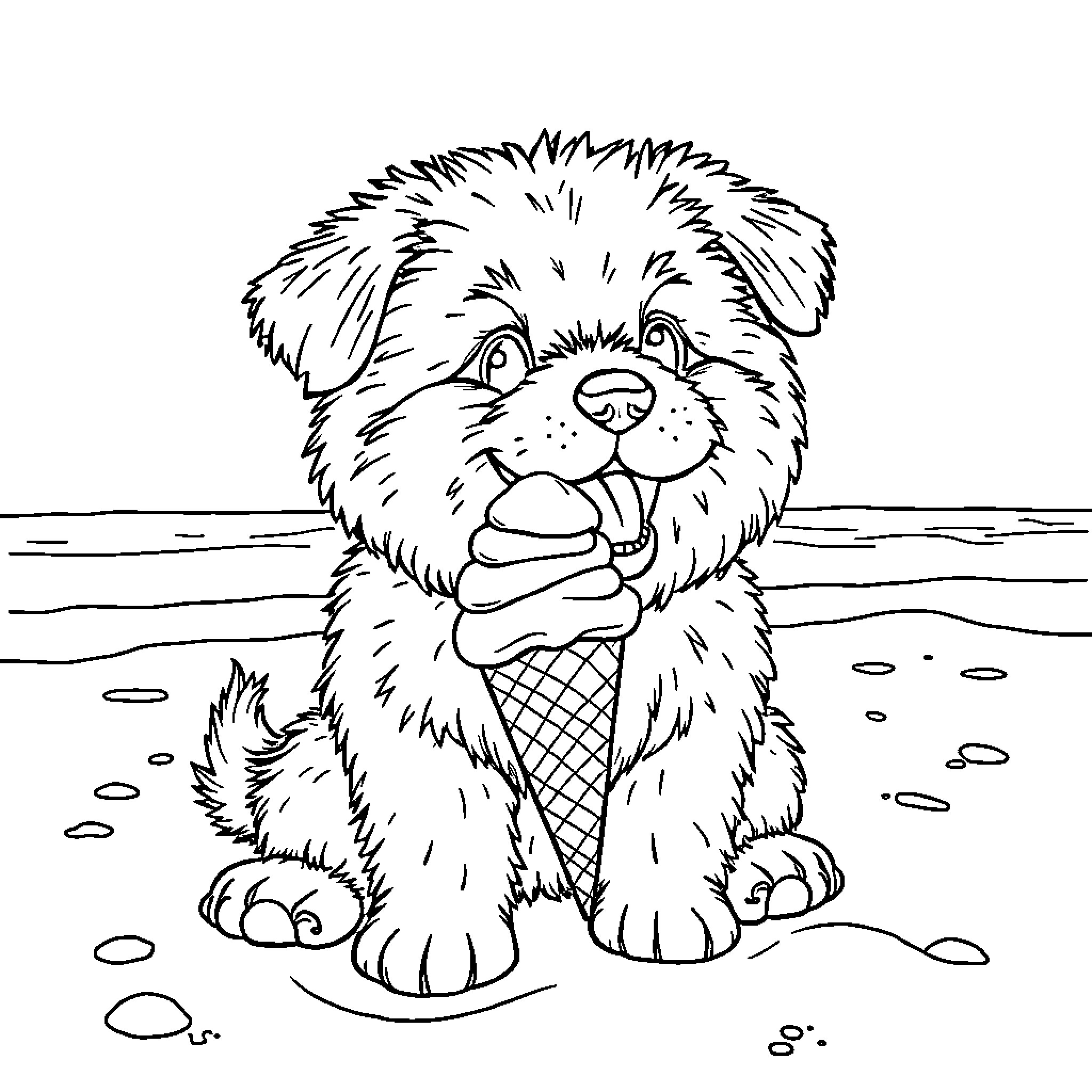 Dog enjoying ice cream on the beach Coloring Page (free black-and-white line drawing printable PDF for all, from beginners to advanced learners, including children, teens, adults, and seniors)