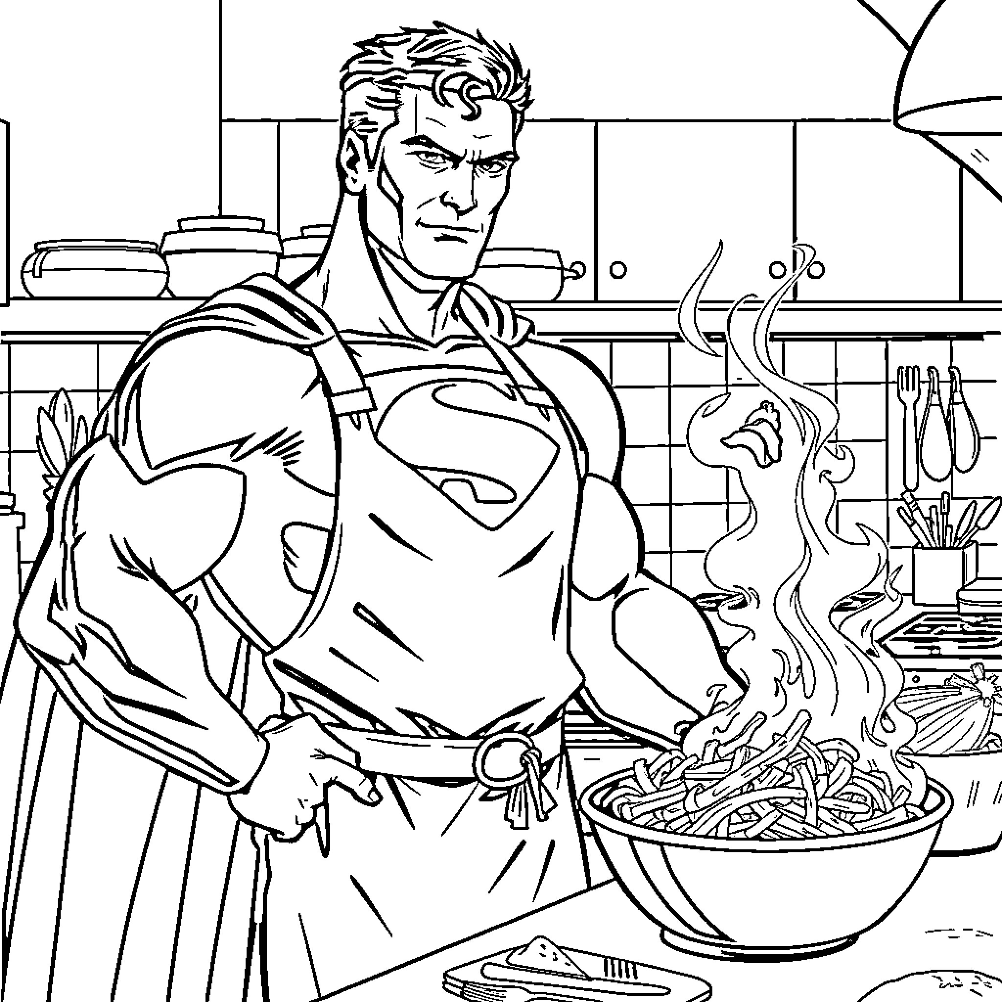 Superman cooking a hearty meal in the kitchen Coloring Page (free black-and-white line drawing printable PDF for all, from beginners to advanced learners, including children, teens, adults, and seniors)