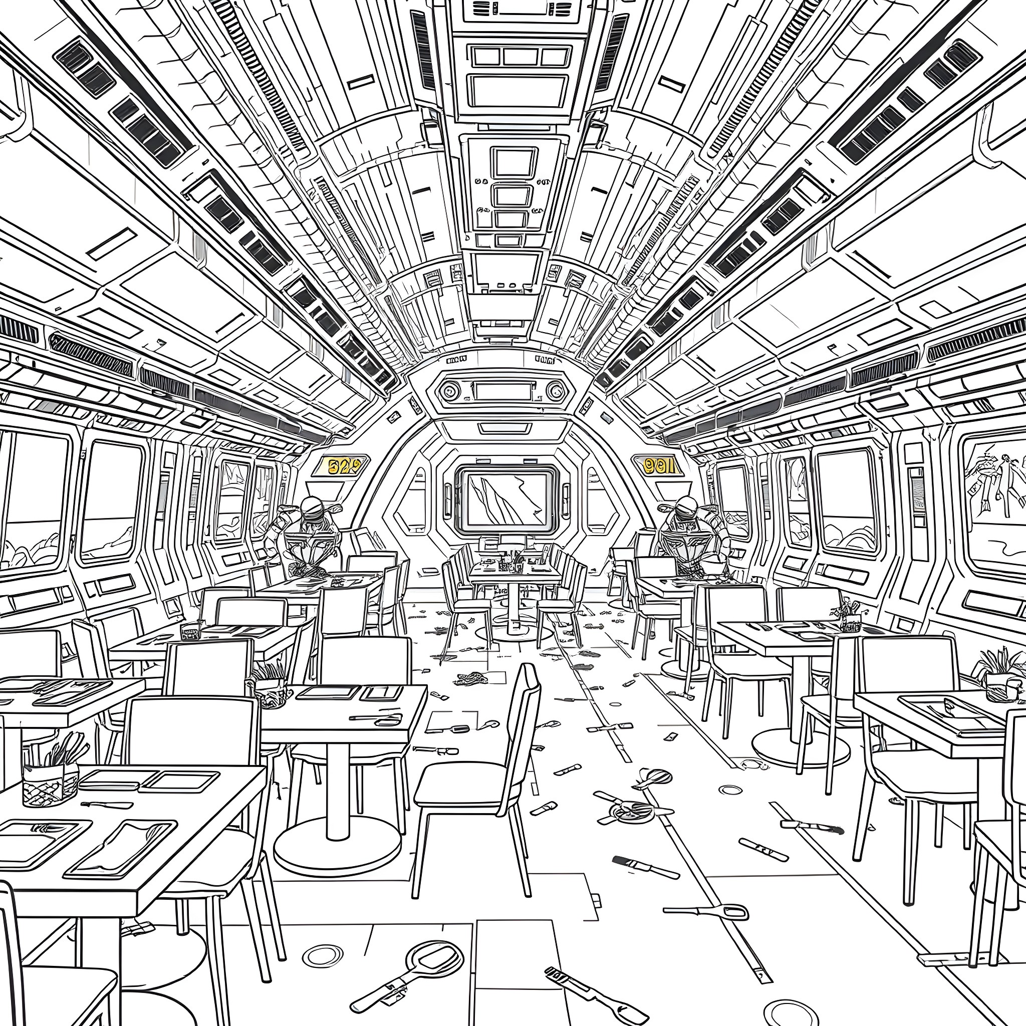 Spaceship interior with crew working on repairs Coloring Page (free black-and-white line drawing printable PDF for all, from beginners to advanced learners, including children, teens, adults, and seniors)