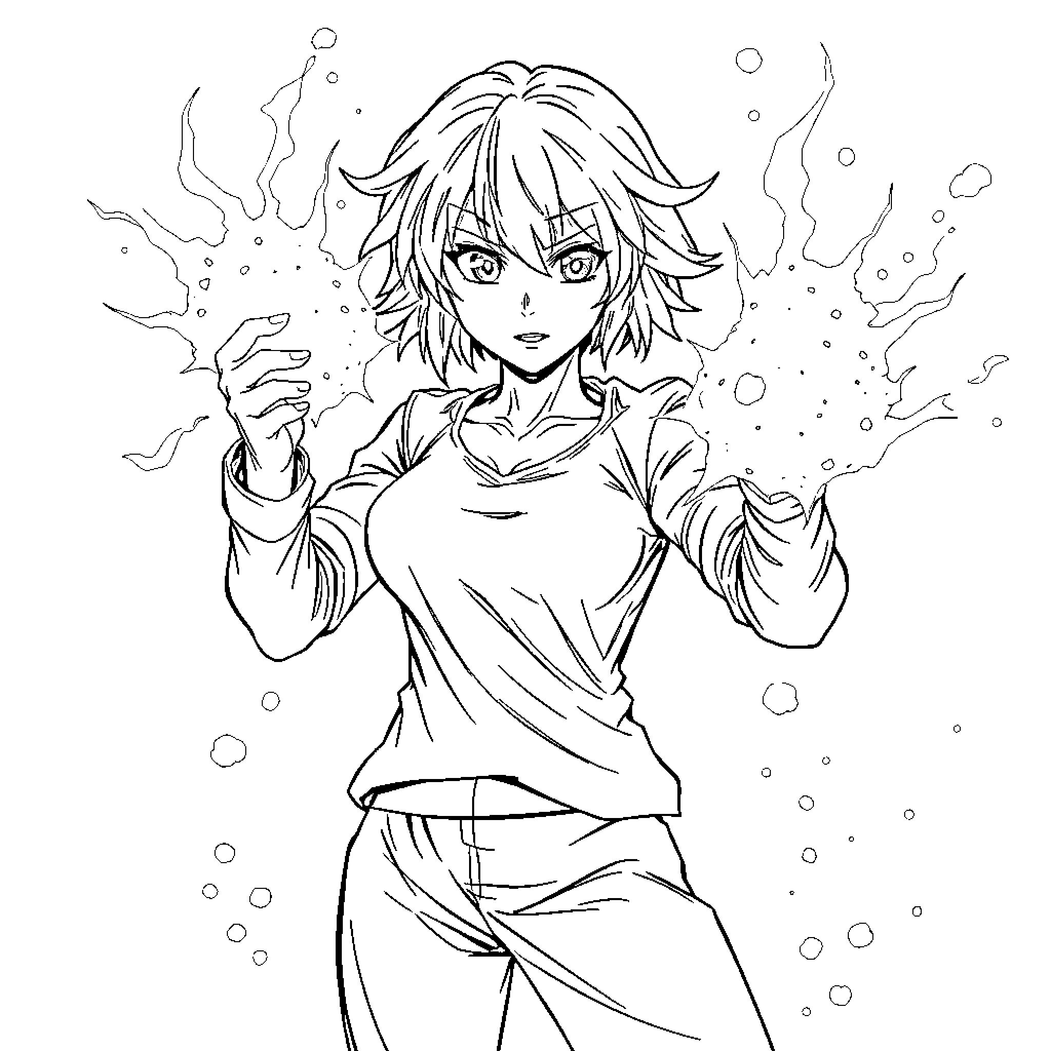 Anime Woman casting powerful magic spell Coloring Page (free black-and-white line drawing printable PDF for all, from beginners to advanced learners, including children, teens, adults, and seniors)