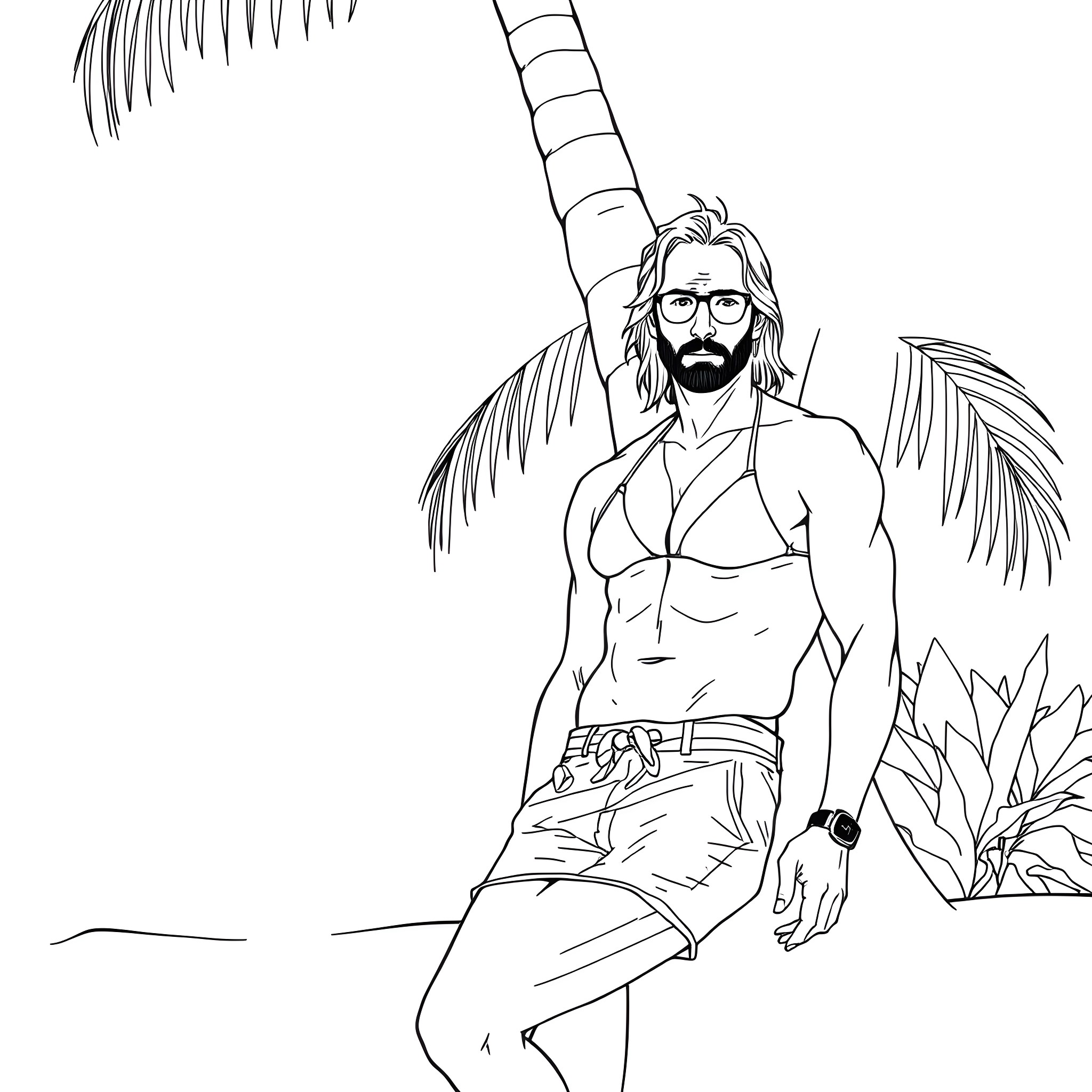 Lady in Tropical Paradise Coloring Page (free black-and-white line drawing printable PDF for all, from beginners to advanced learners, including children, teens, adults, and seniors)