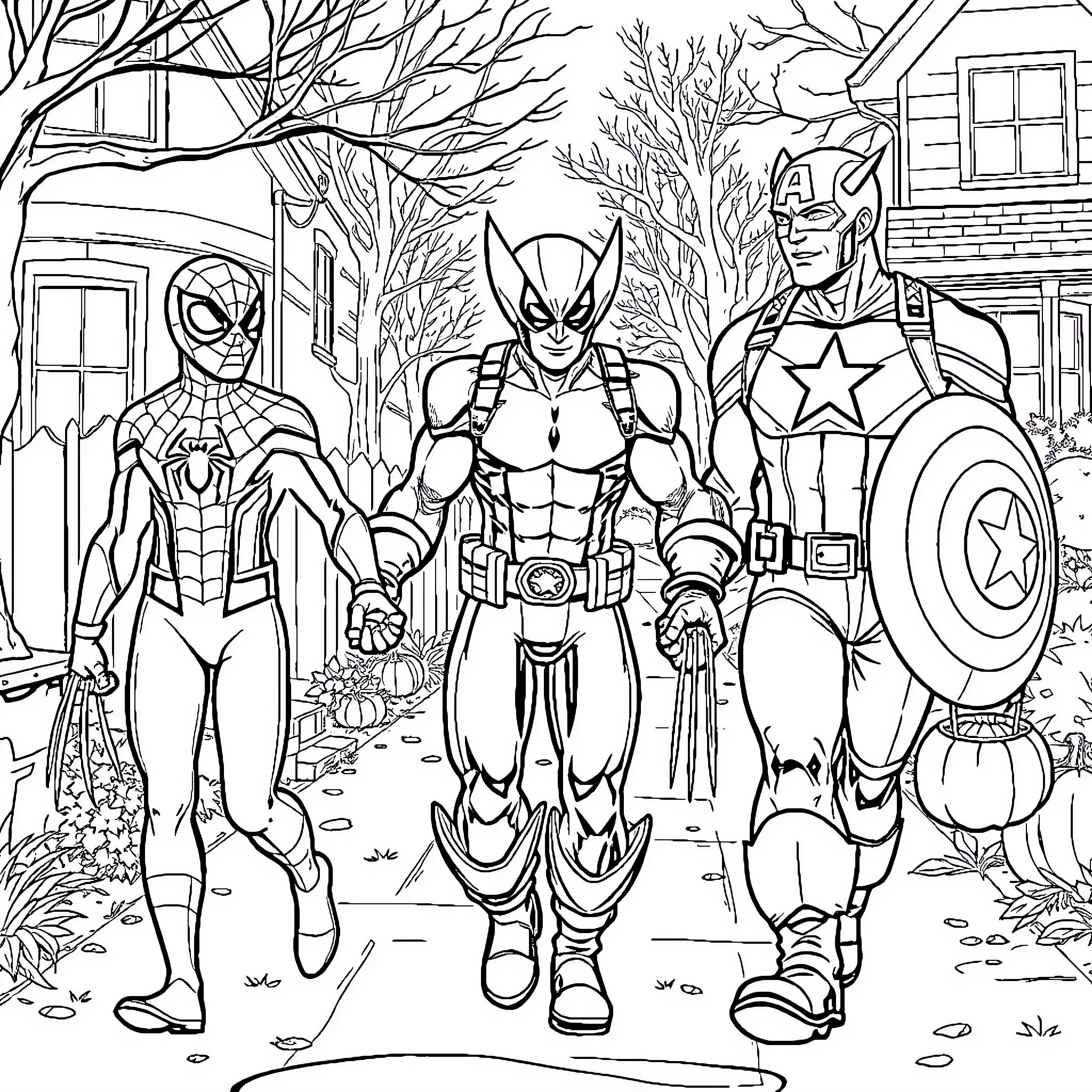 Superhero trio in action-packed scene Coloring Page (free black-and-white line drawing printable PDF for all, from beginners to advanced learners, including children, teens, adults, and seniors)