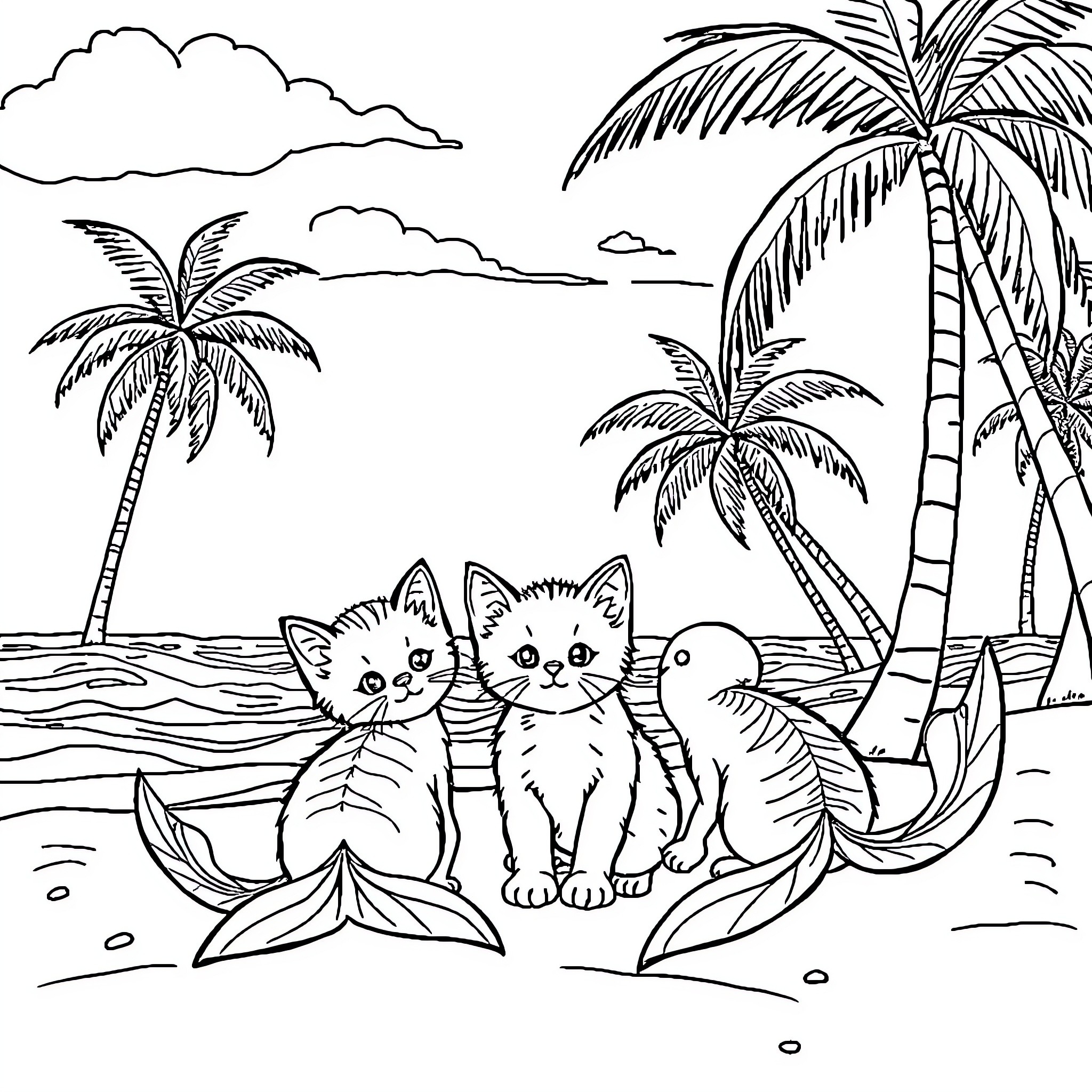 Kittens relaxing on tropical beach Coloring Page (free black-and-white line drawing printable PDF for all, from beginners to advanced learners, including children, teens, adults, and seniors)