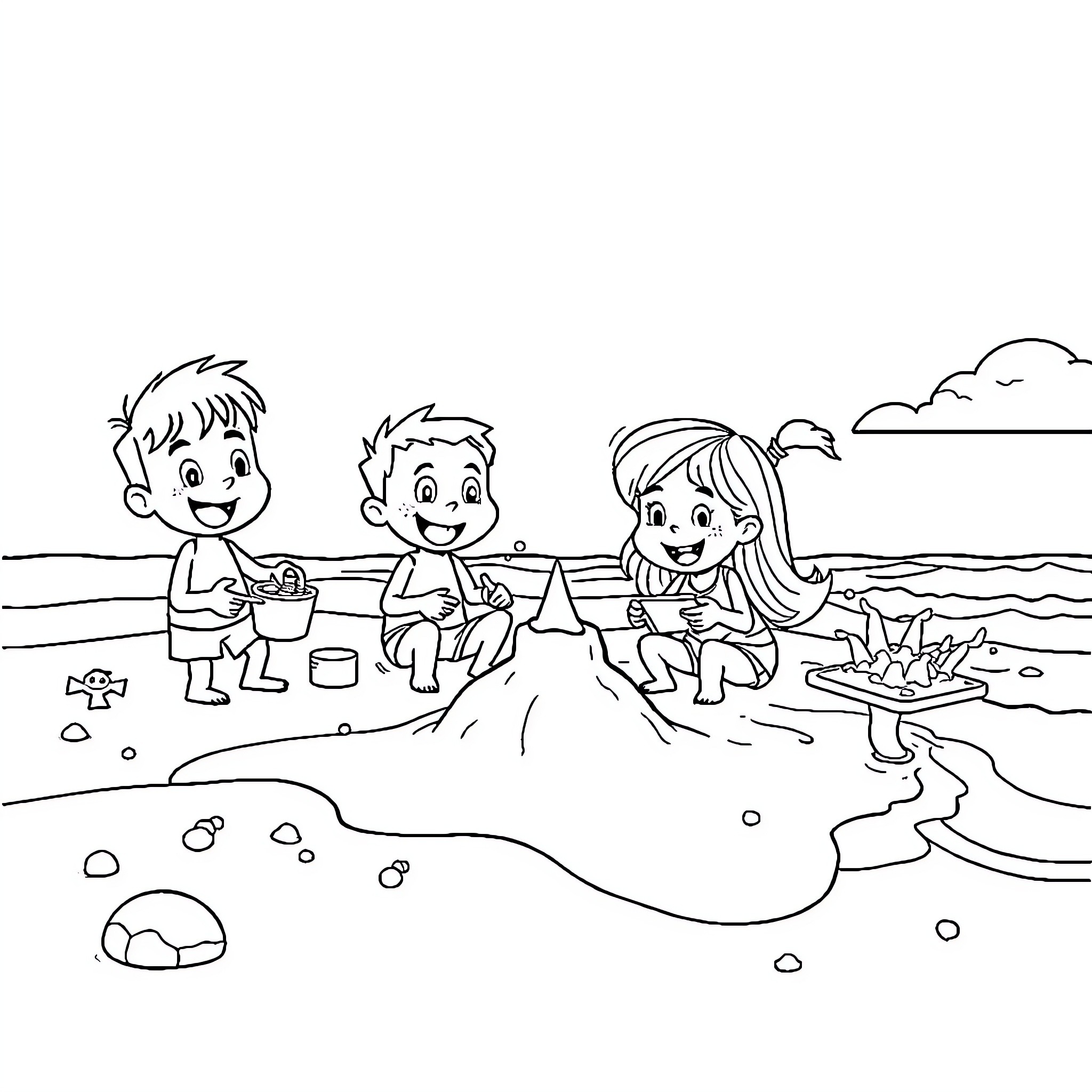 Skzoo friends playing at the beach Coloring Page (free black-and-white line drawing printable PDF for all, from beginners to advanced learners, including children, teens, adults, and seniors)