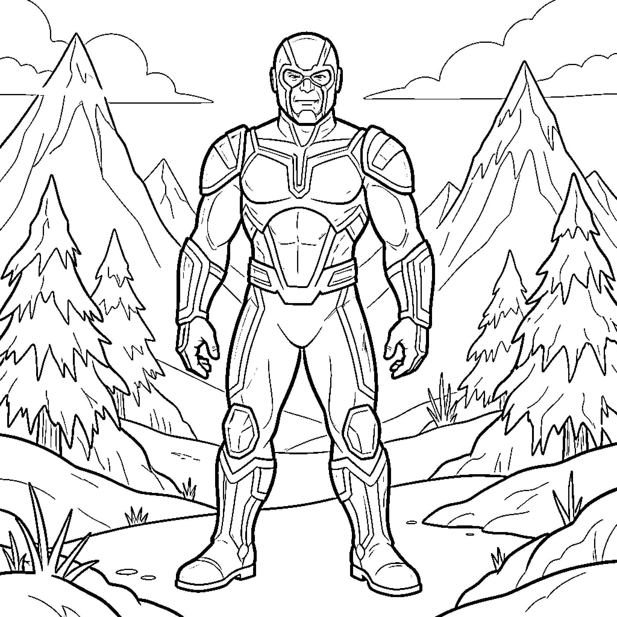 Mr. Freeze in futuristic armor exploring the wilderness Coloring Page (free black-and-white line drawing printable PDF for all, from beginners to advanced learners, including children, teens, adults, and seniors)