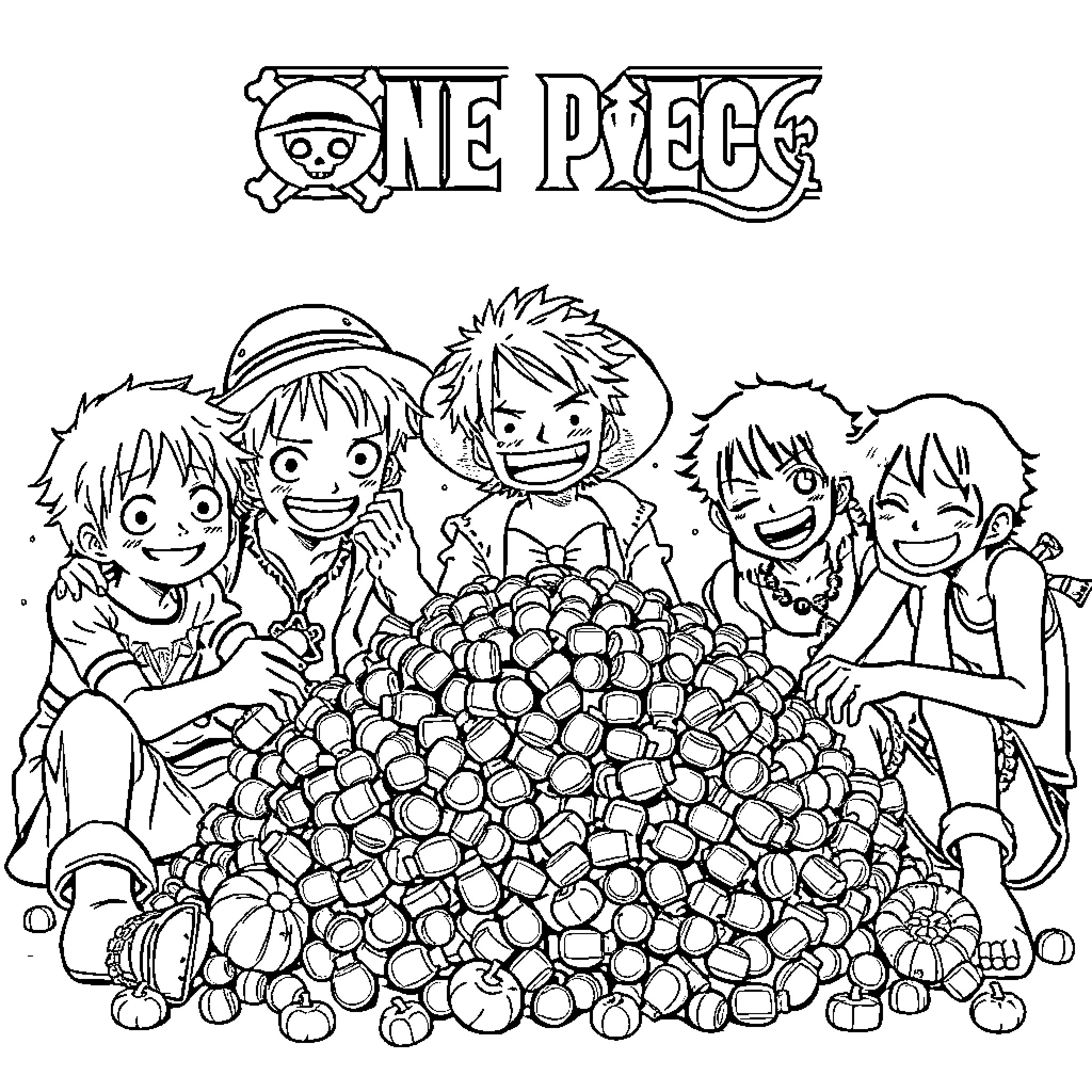 One Piece Characters Enjoying a Pile of Treasure Coloring Page (free black-and-white line drawing printable PDF for all, from beginners to advanced learners, including children, teens, adults, and seniors)