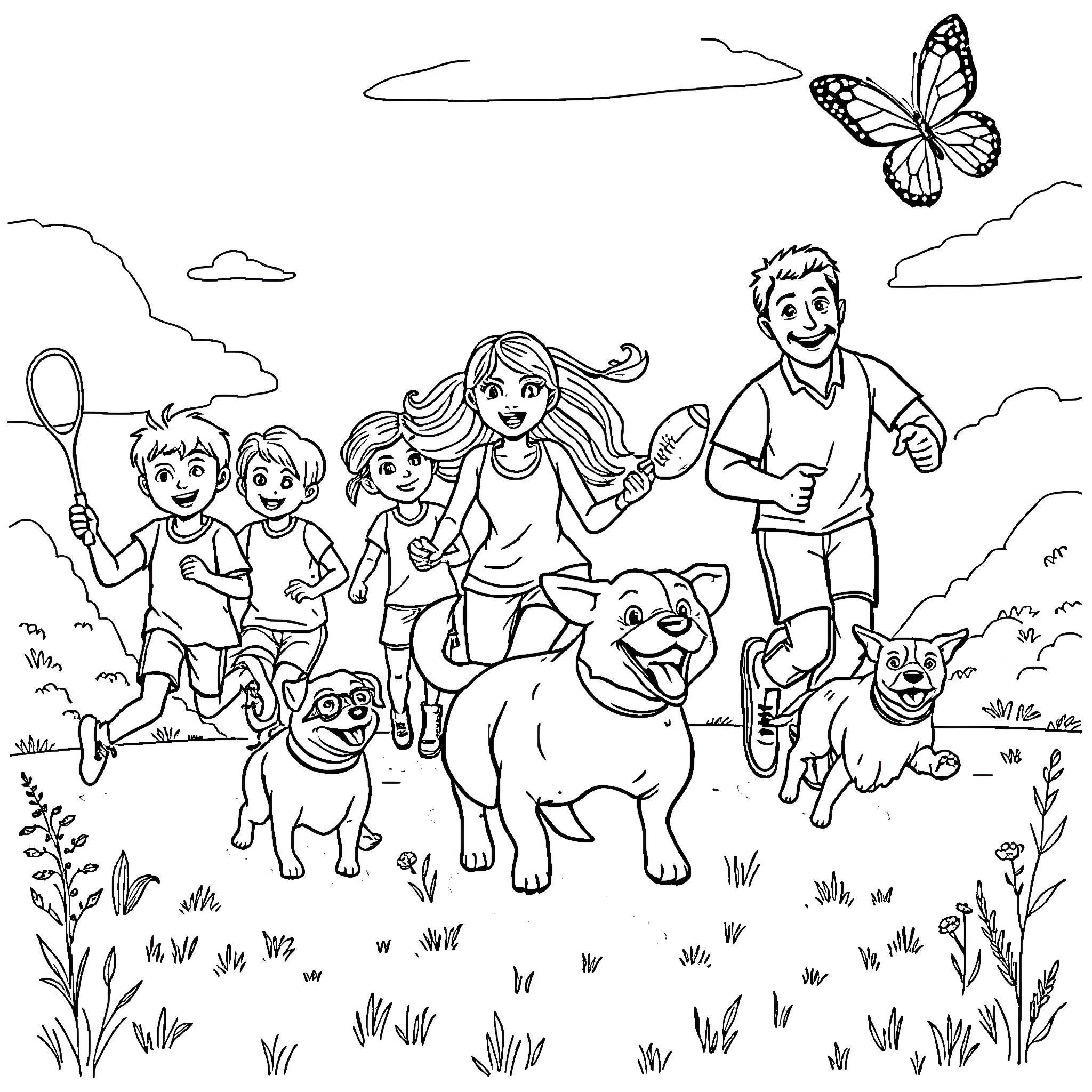Family Enjoying Outdoor Adventure with Pets Coloring Page (free black-and-white line drawing printable PDF for all, from beginners to advanced learners, including children, teens, adults, and seniors)