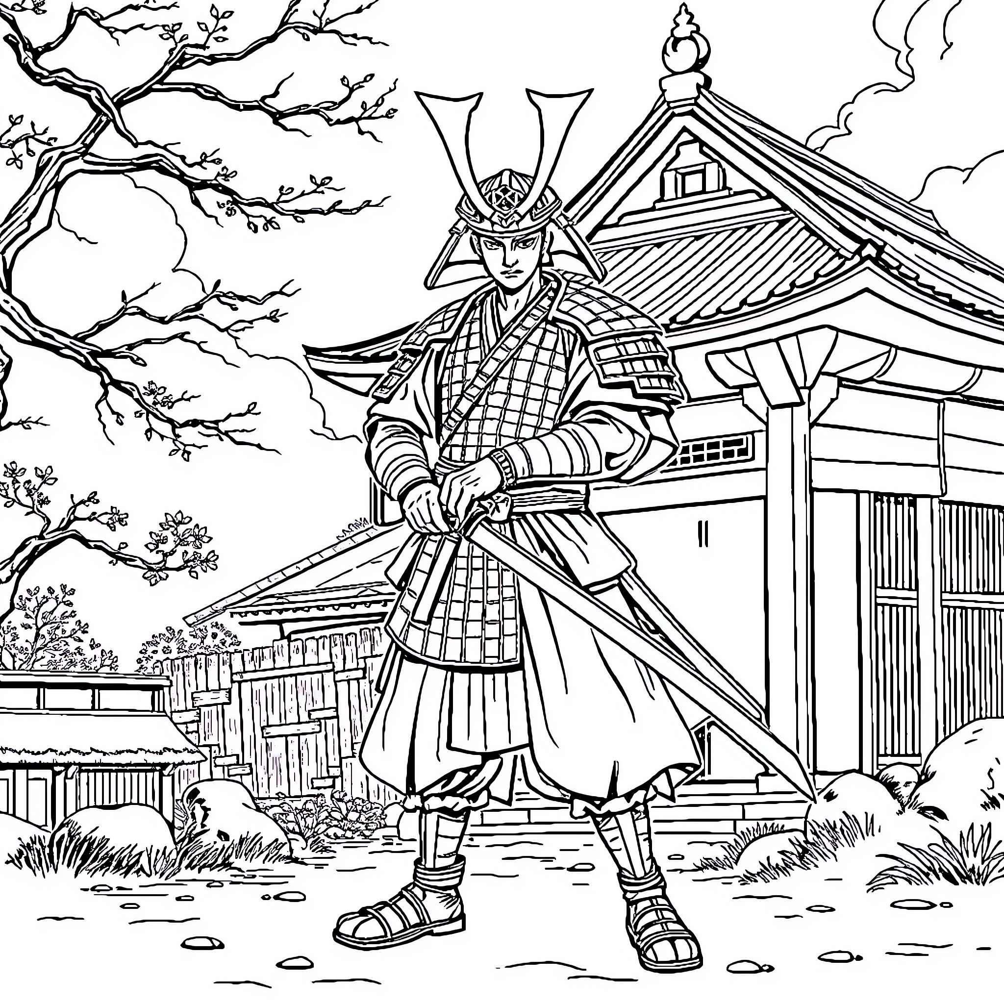 Samurai warrior guarding traditional Japanese temple Coloring Page (free black-and-white line drawing printable PDF for all, from beginners to advanced learners, including children, teens, adults, and seniors)