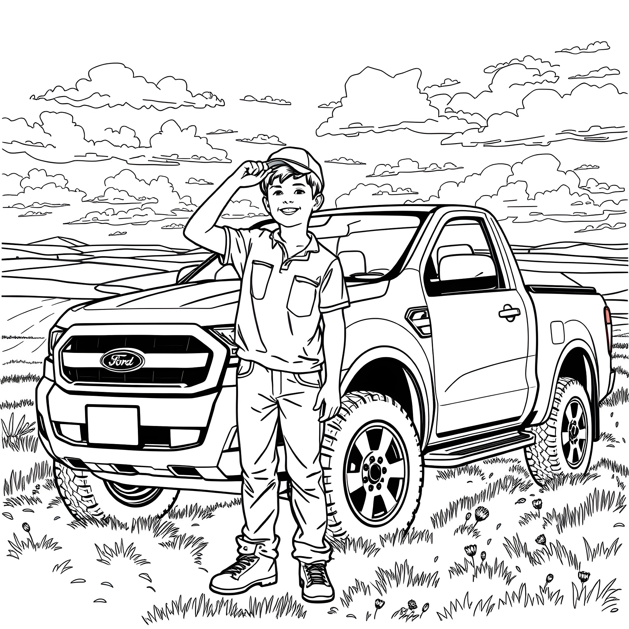 Boy standing proudly next to his rugged pickup truck Coloring Page (free black-and-white line drawing printable PDF for all, from beginners to advanced learners, including children, teens, adults, and seniors)