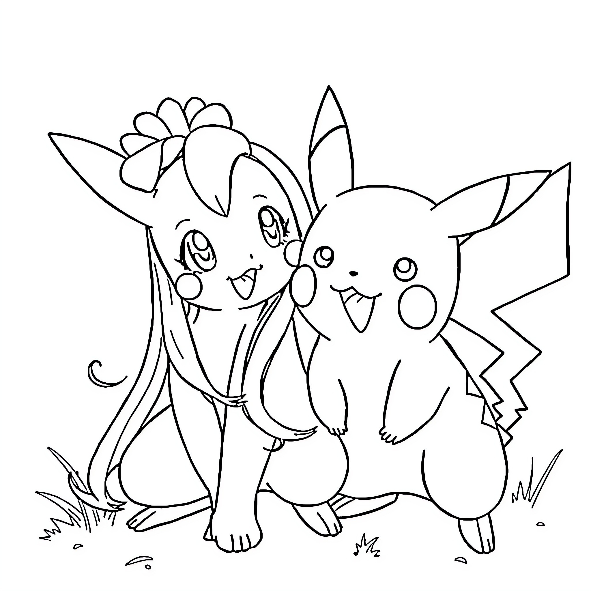Ondine's Playful Encounter with Pikachu Coloring Page (free black-and-white line drawing printable PDF for all, from beginners to advanced learners, including children, teens, adults, and seniors)