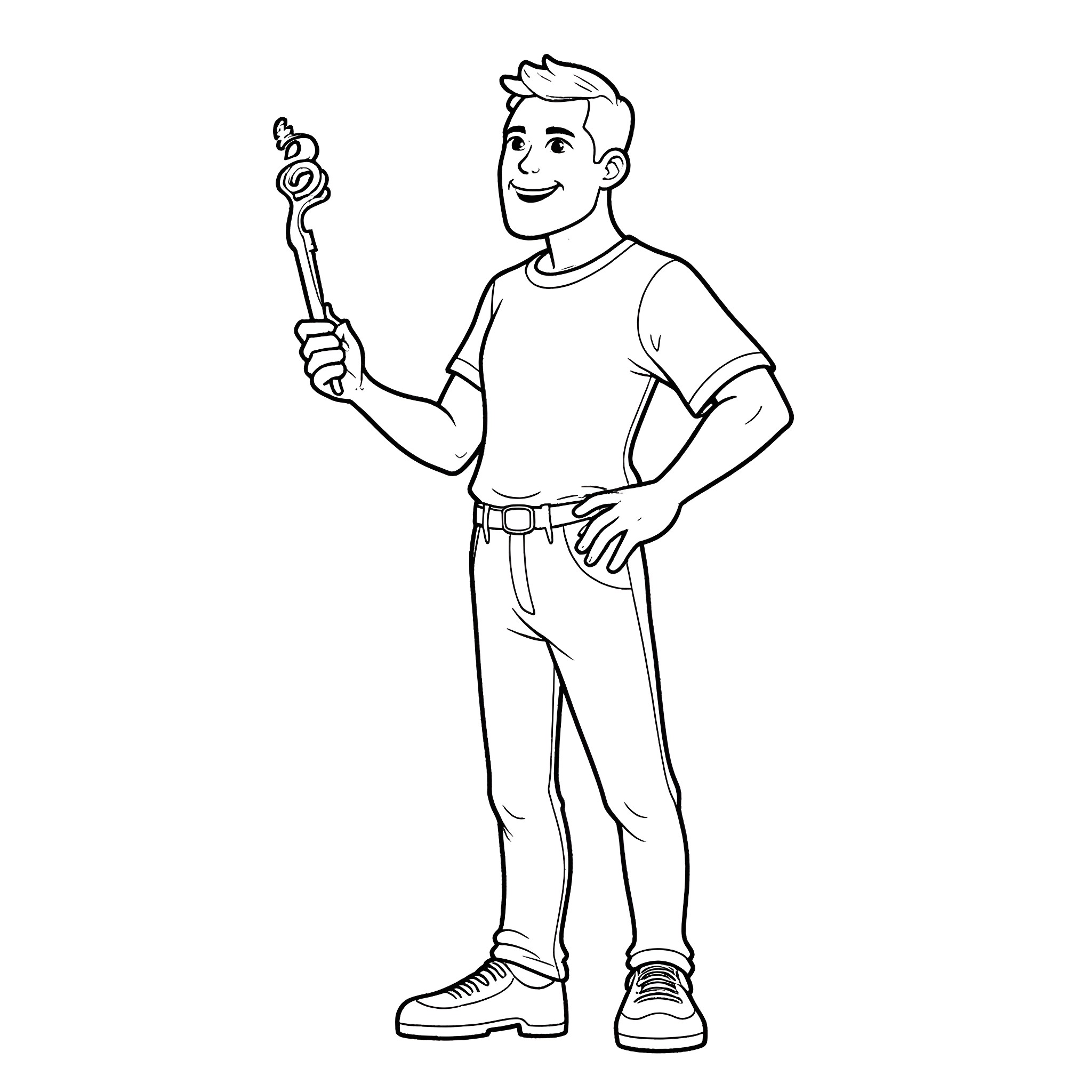 Eric holding a wrench happily Coloring Page (free black-and-white line drawing printable PDF for all, from beginners to advanced learners, including children, teens, adults, and seniors)