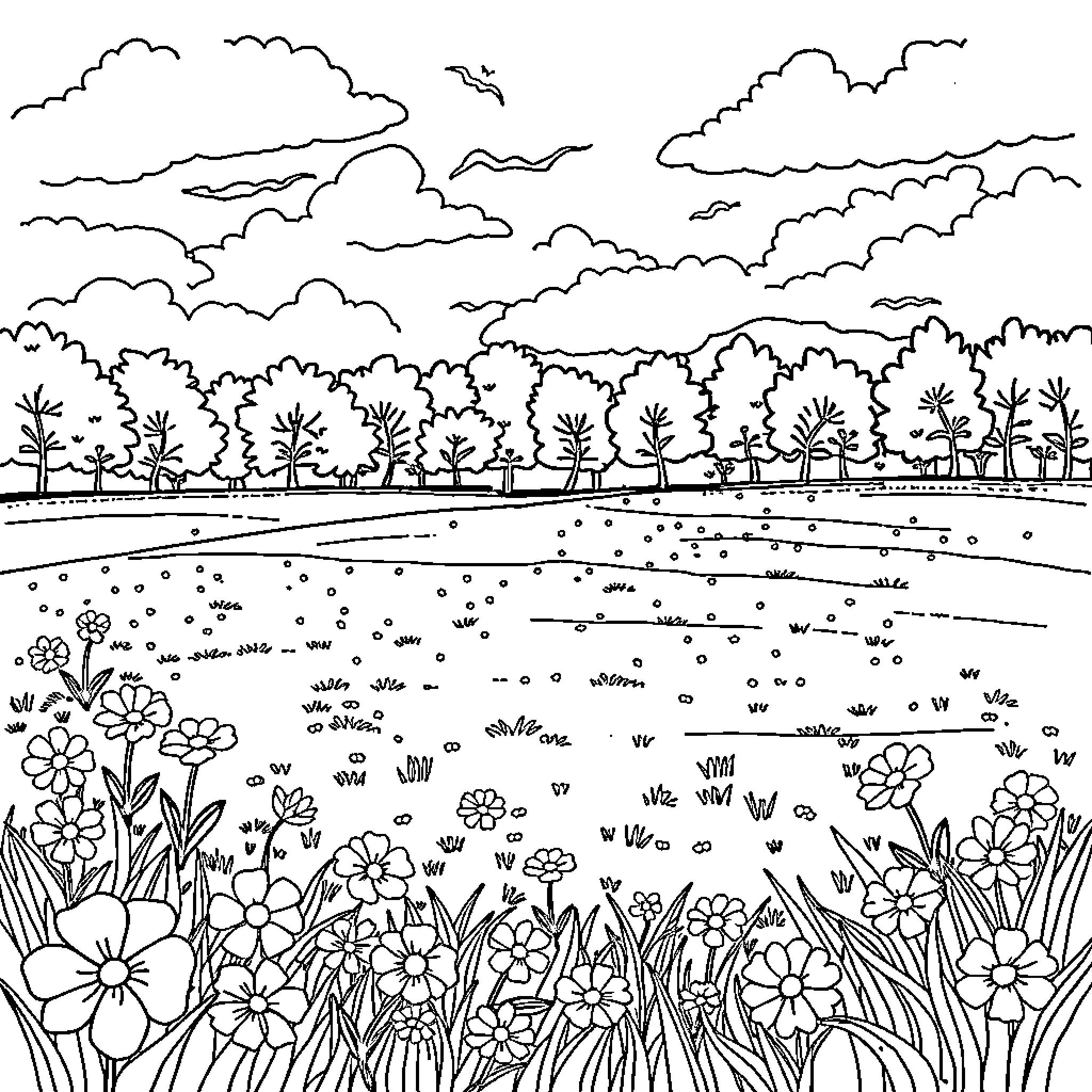 Field of vibrant flowers and lush greenery Coloring Page (free black-and-white line drawing printable PDF for all, from beginners to advanced learners, including children, teens, adults, and seniors)