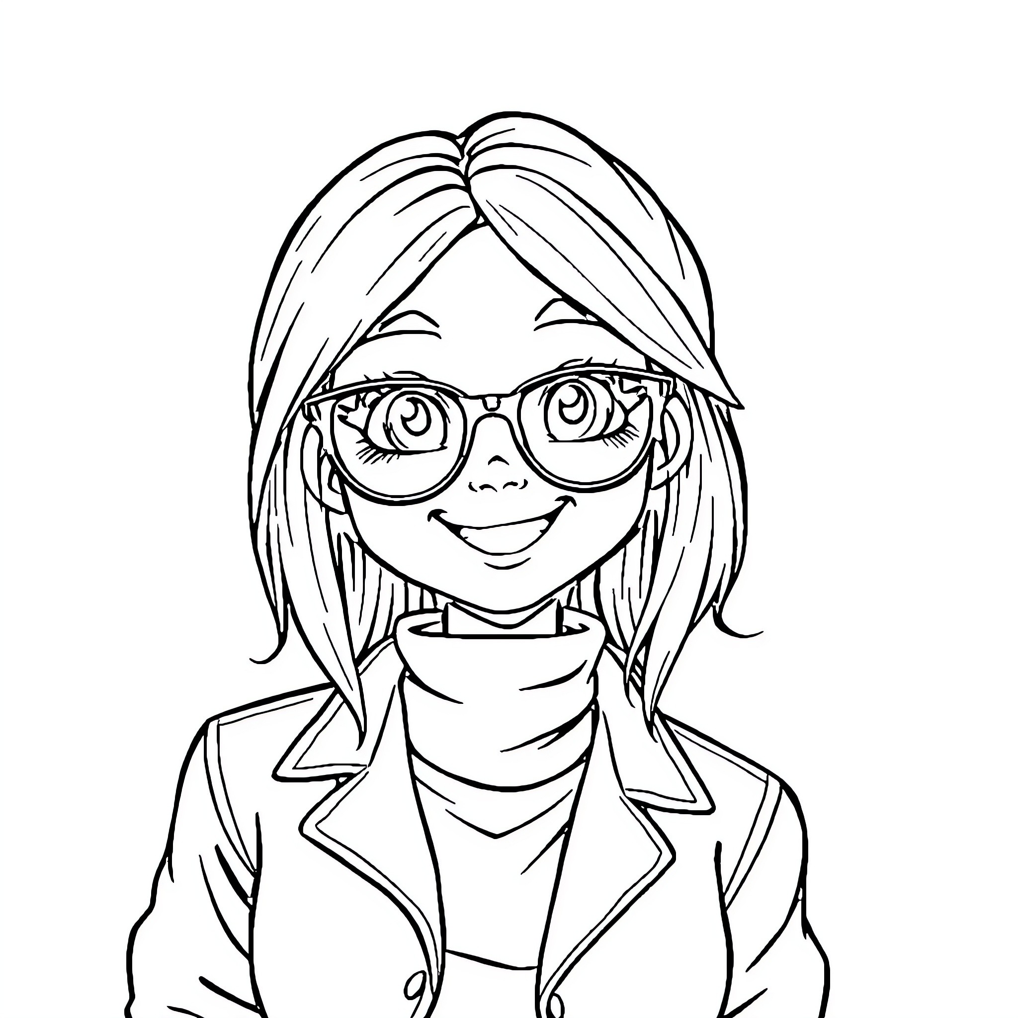 Girl wearing glasses with a friendly expression Coloring Page (free black-and-white line drawing printable PDF for all, from beginners to advanced learners, including children, teens, adults, and seniors)
