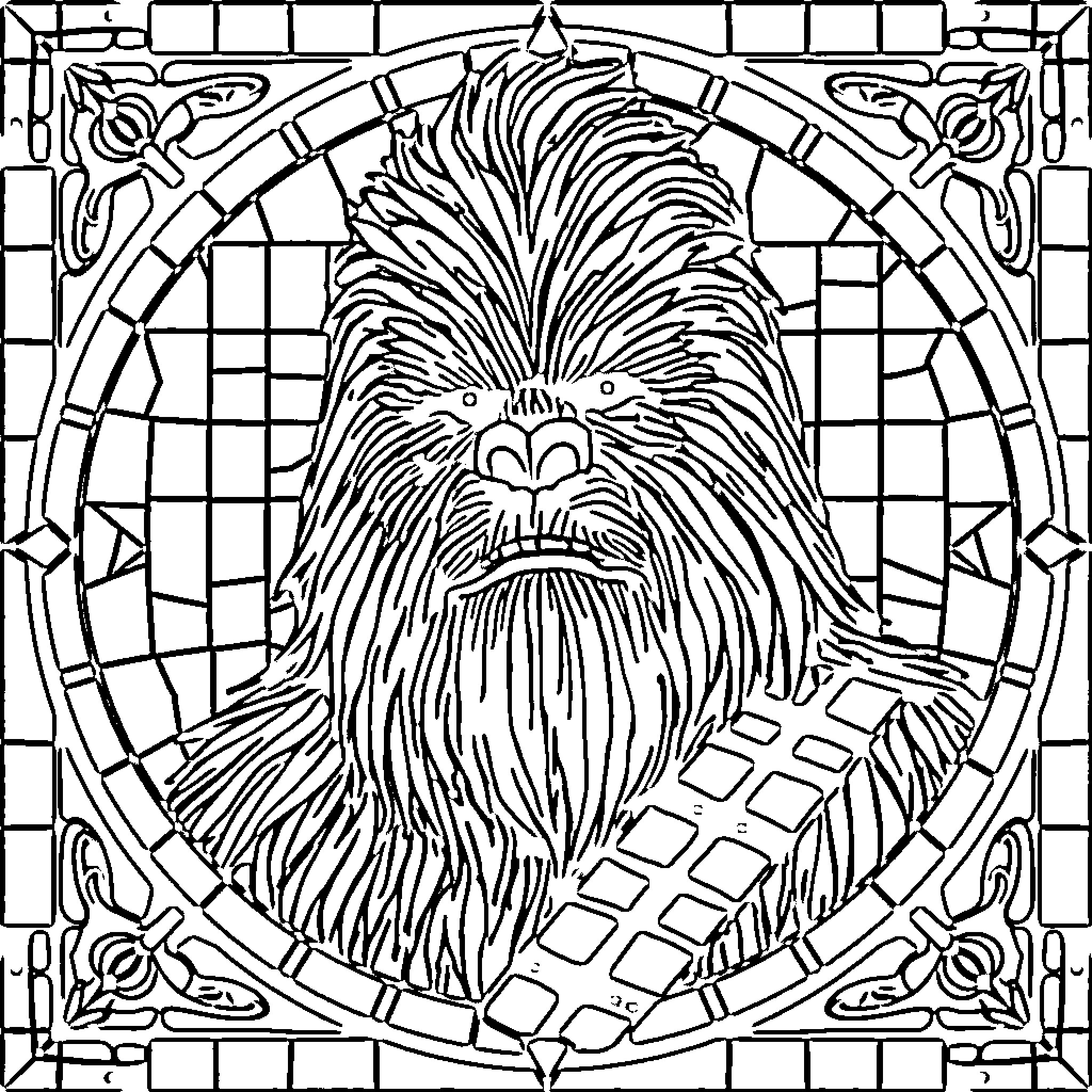 Chewbacca in a detailed stained glass window Coloring Page (free black-and-white line drawing printable PDF for all, from beginners to advanced learners, including children, teens, adults, and seniors)
