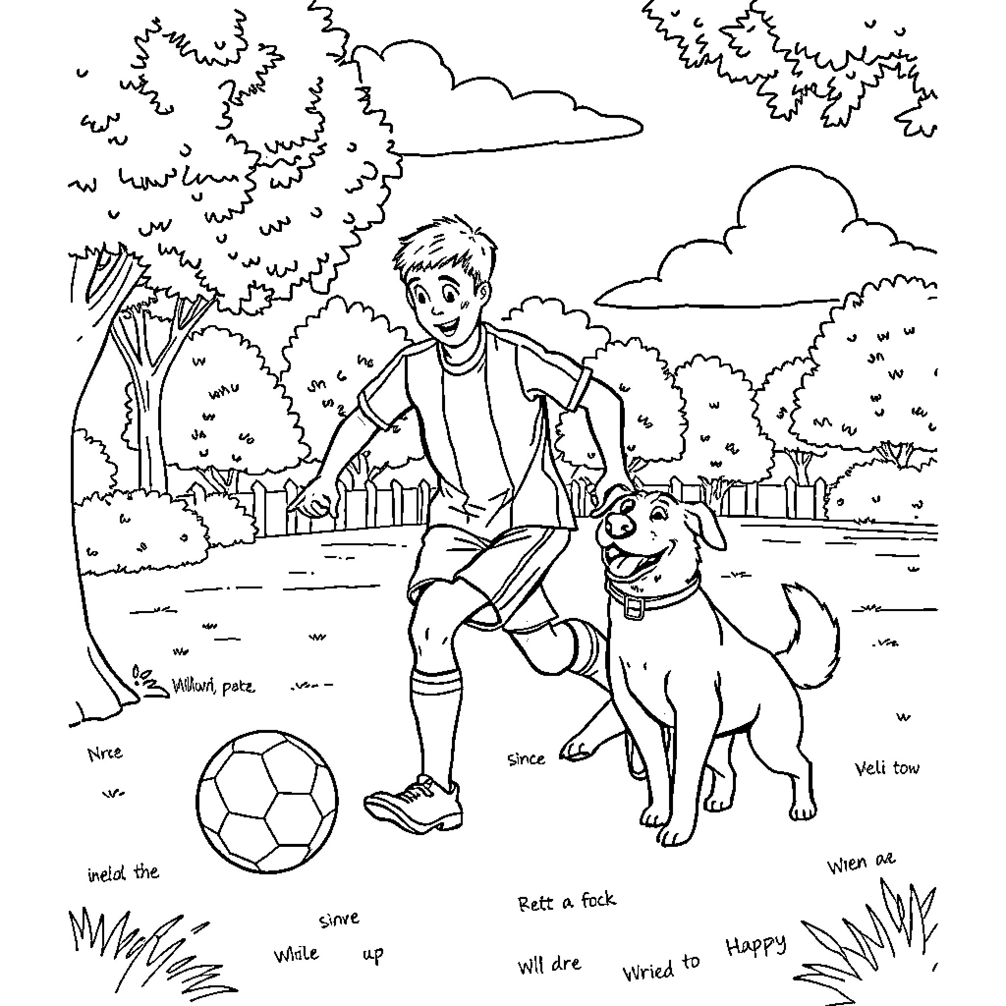Soccer Player Enjoying Outdoor Adventure with Dog Coloring Page (free black-and-white line drawing printable PDF for all, from beginners to advanced learners, including children, teens, adults, and seniors)