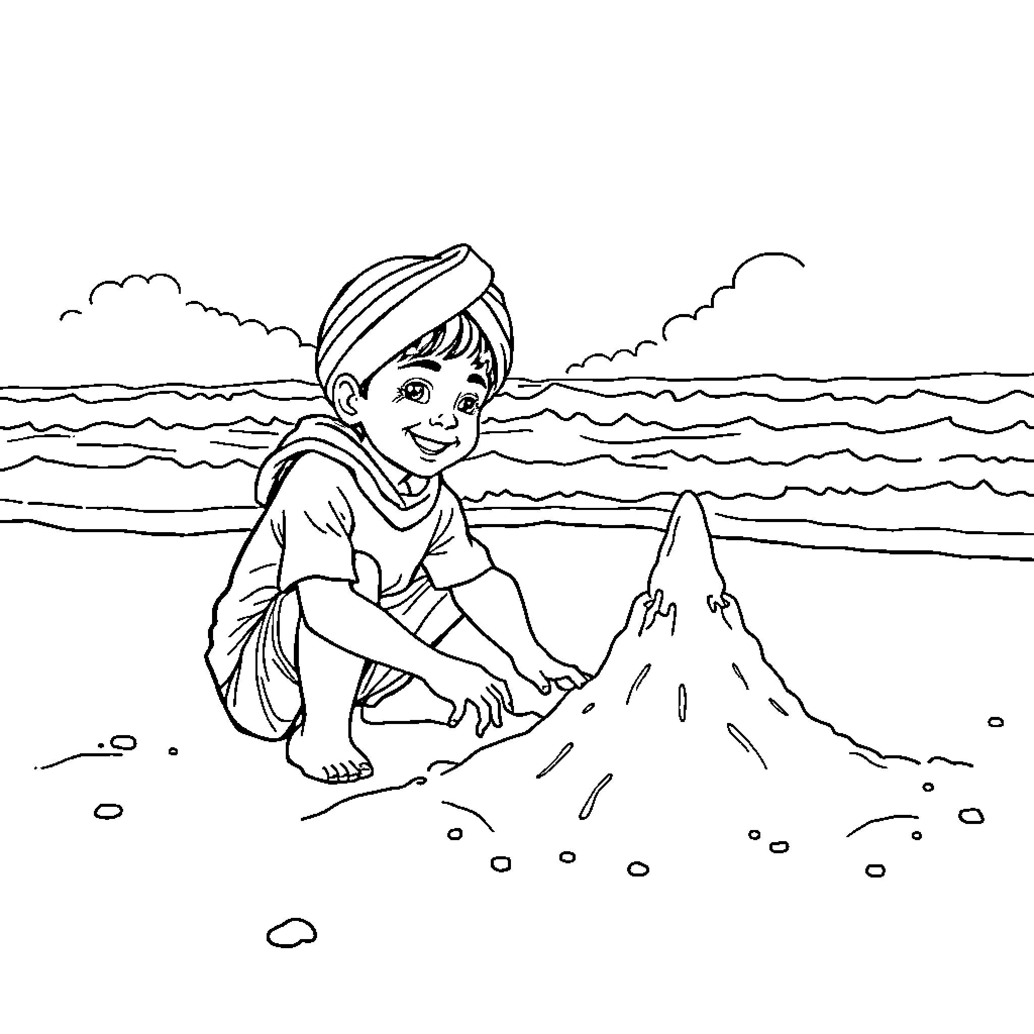 Boy building sandcastle on the beach Coloring Page (free black-and-white line drawing printable PDF for all, from beginners to advanced learners, including children, teens, adults, and seniors)