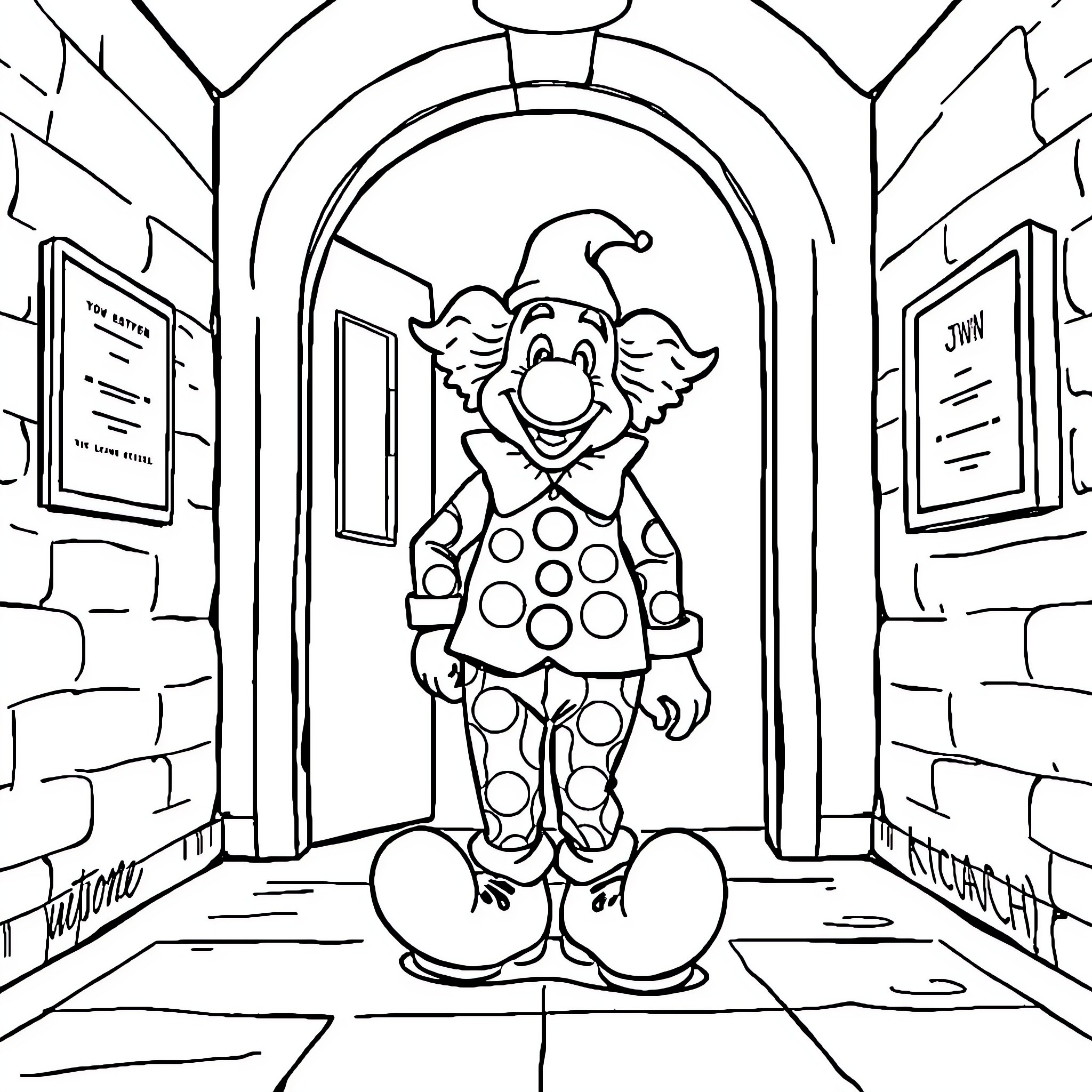 Clown standing in a theatrical doorway Coloring Page (free black-and-white line drawing printable PDF for all, from beginners to advanced learners, including children, teens, adults, and seniors)
